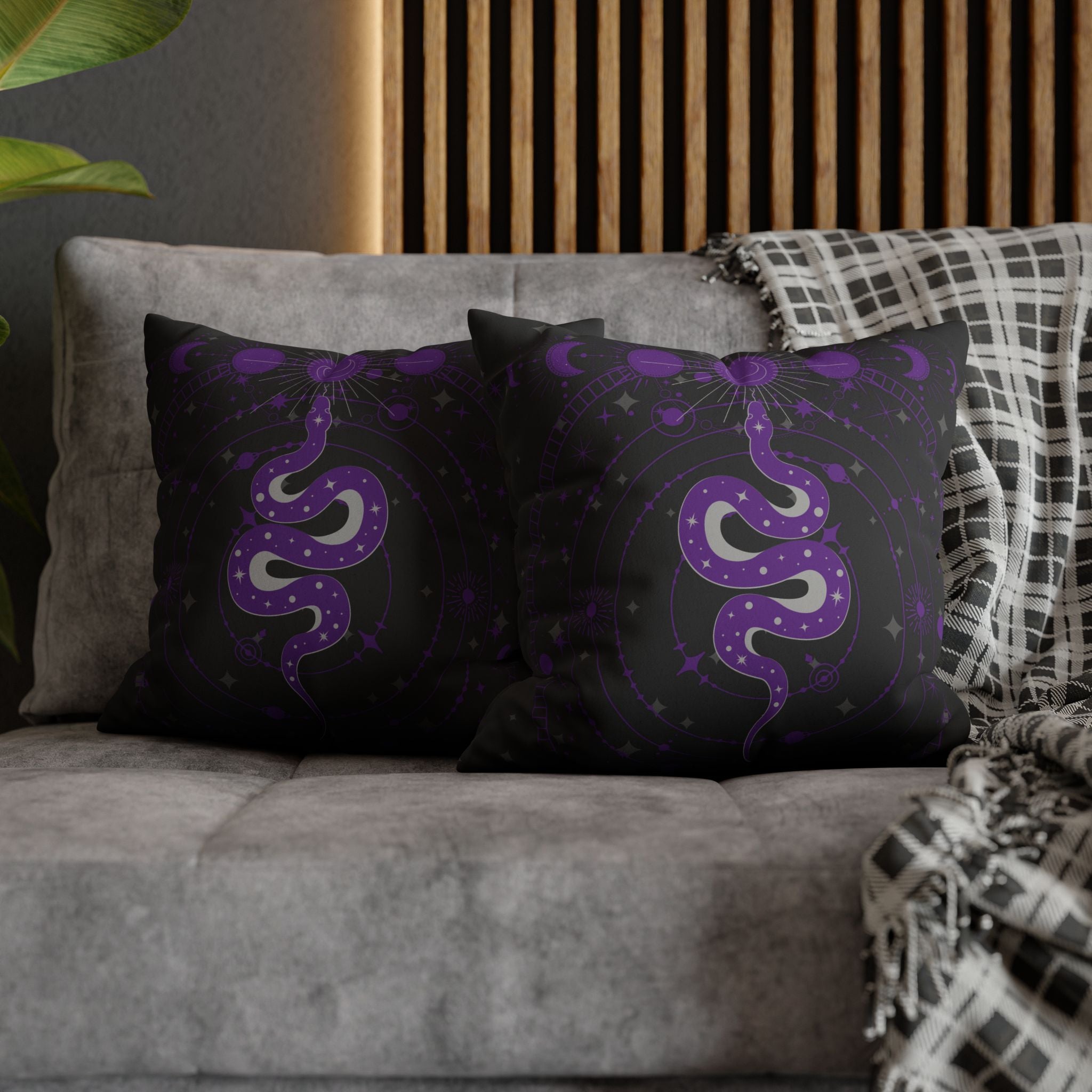 Purple Celestial Snake Moon Phases Throw Pillow — Witchy Gothic Dark Home Decor