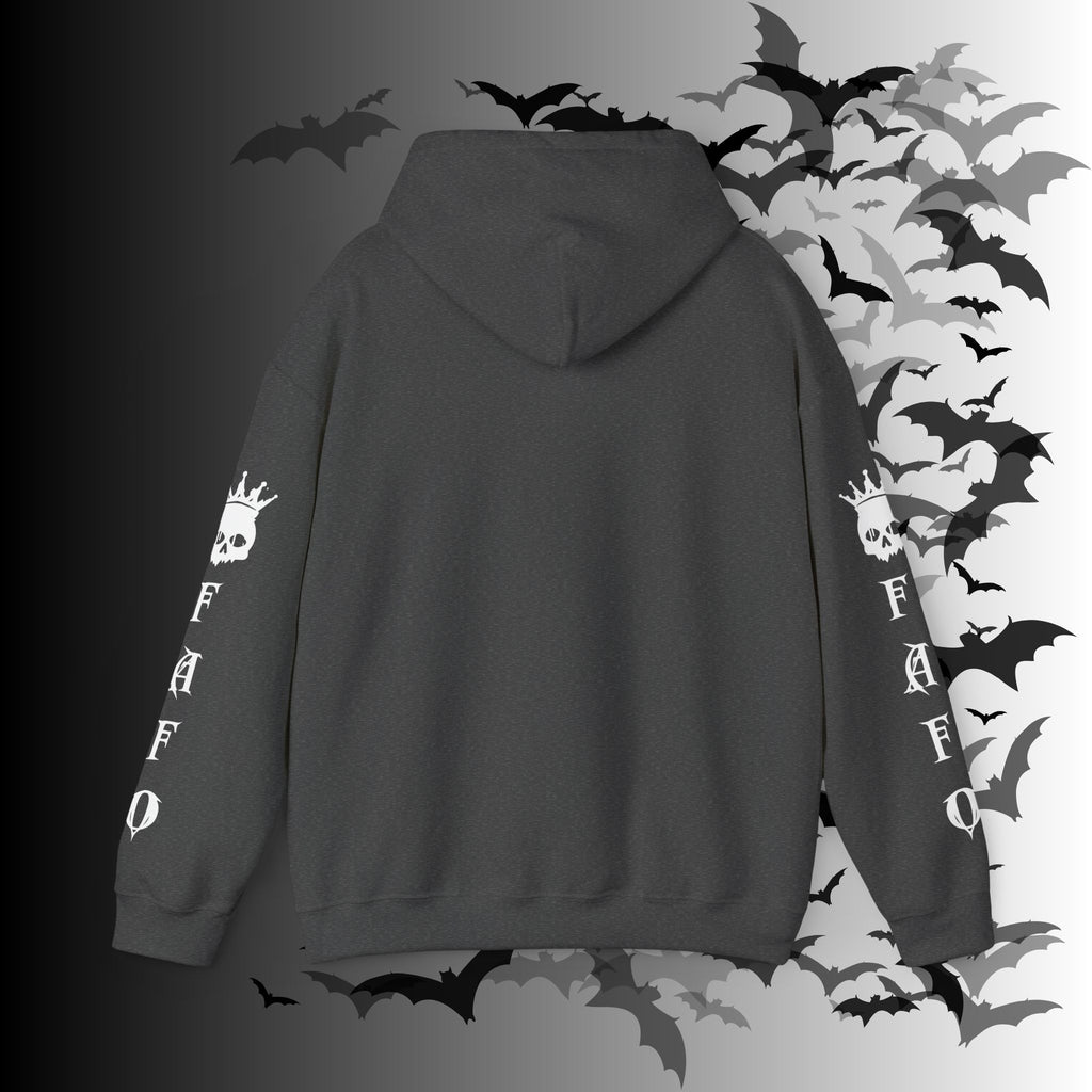 I Identify As a Threat Hoodie — Gothic Skull Sleeve Print FAFO Black