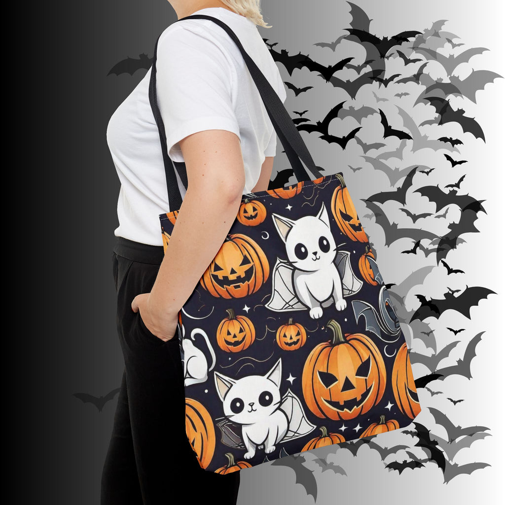 Kawaii Bat Cat Halloween Tote Bag — Spooky Pumpkin Pattern