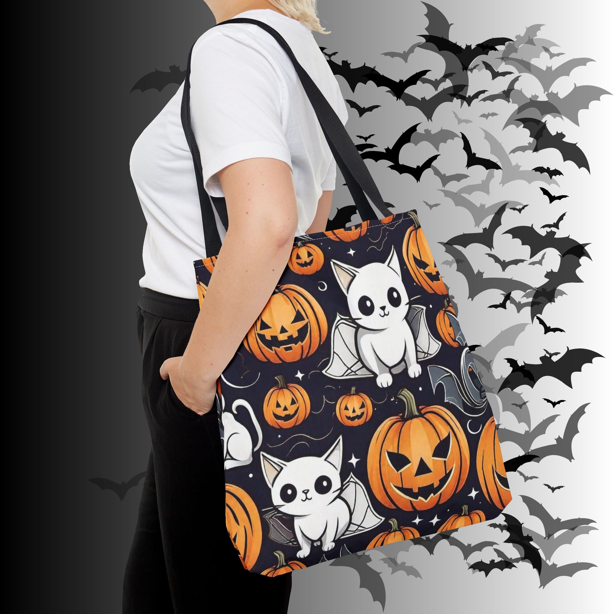 Kawaii Bat Cat Halloween Tote Bag — Spooky Pumpkin Pattern