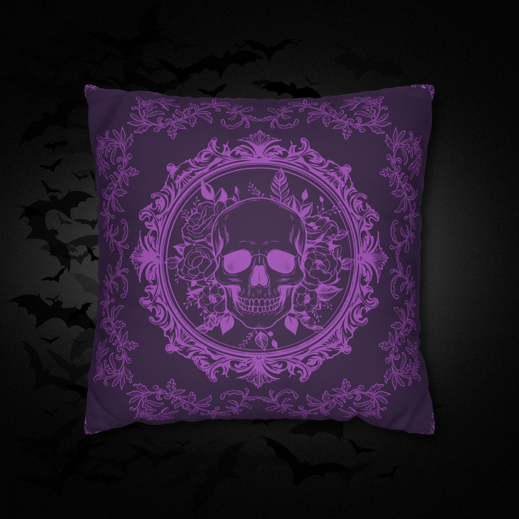 Purple Gothic Floral Skull Throw Pillow — Baroque Botanical Dark Home Decor