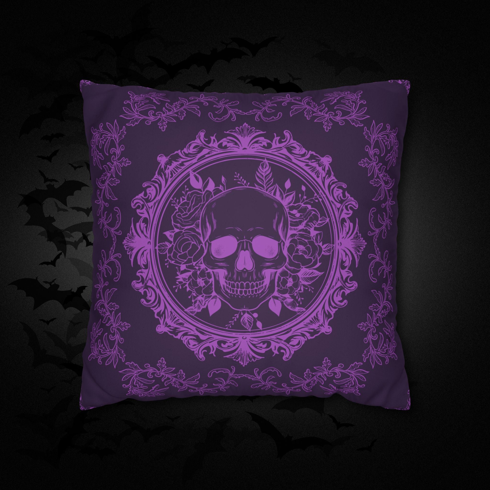 Purple Gothic Floral Skull Throw Pillow — Baroque Botanical Dark Home Decor