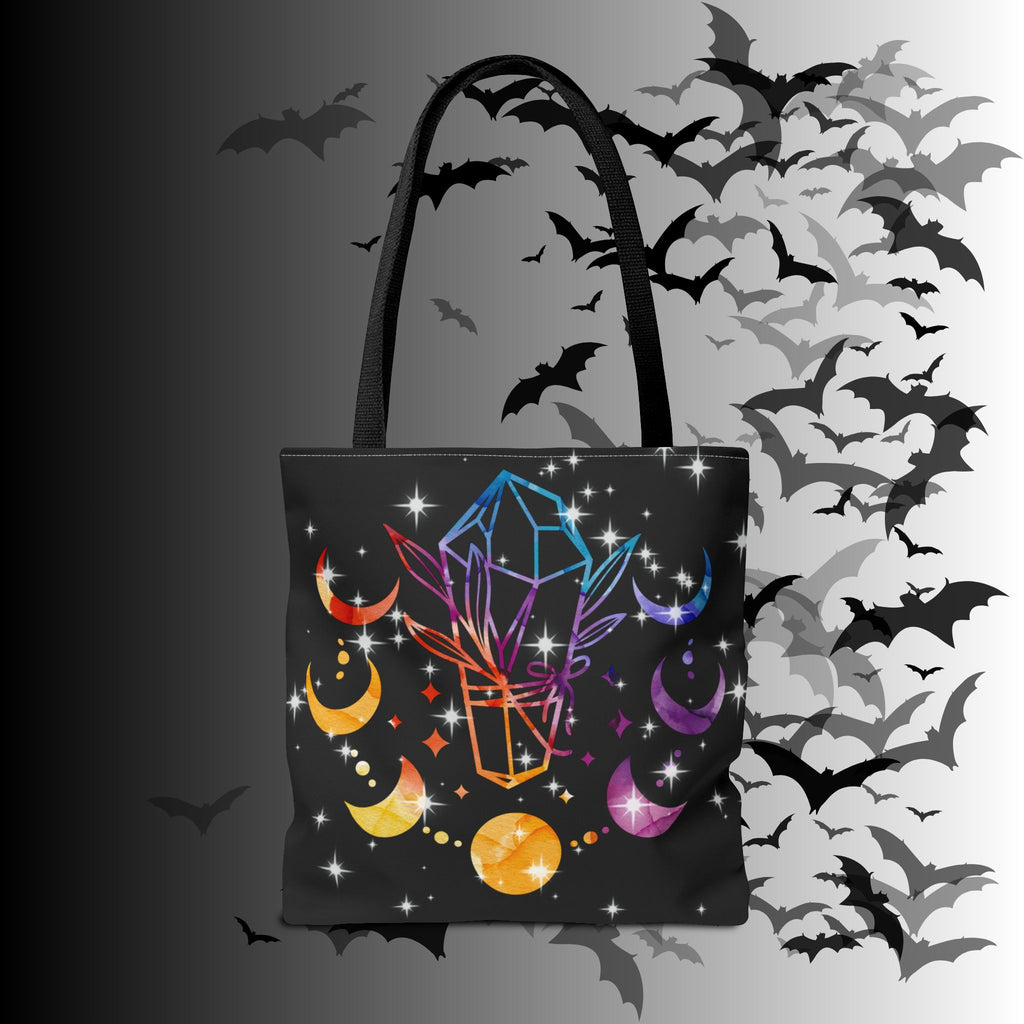 Rainbow Crystal Moon Phase Tote Bag — Celestial Witchy Print