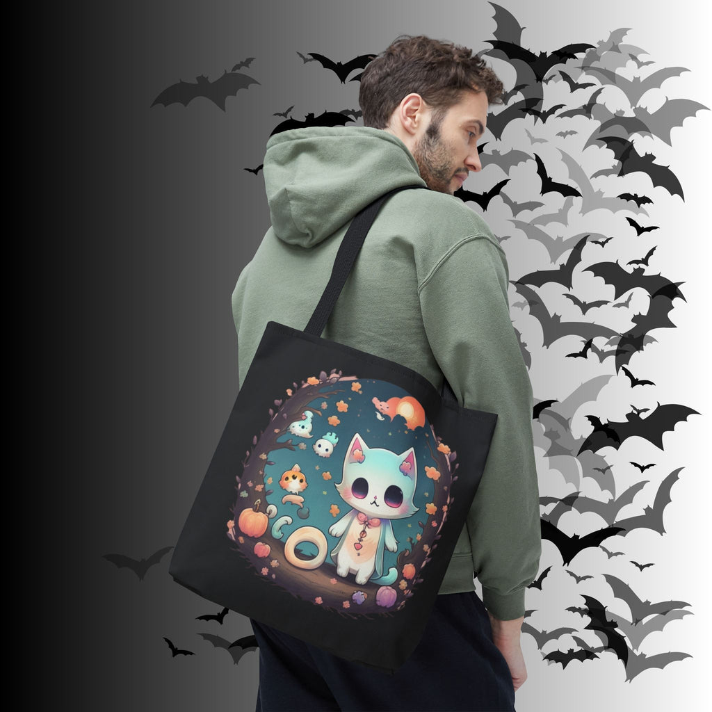 Pastel Goth Kawaii Cat Halloween Tote Bag — Moonlit Forest Scene