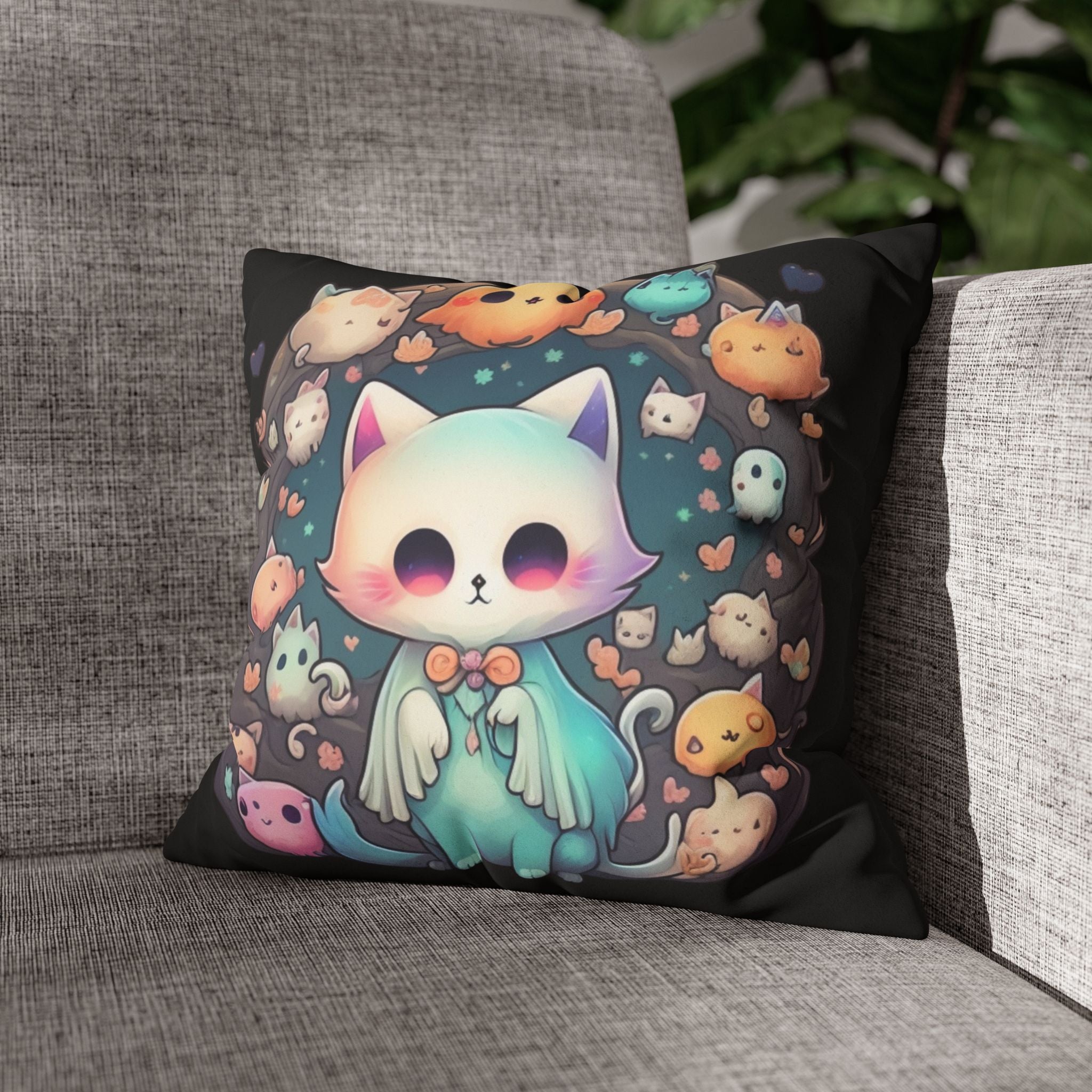 Creepy Cute Kawaii Ghost Cat Throw Pillow — Pastel Goth Dark Home Decor