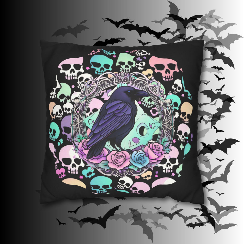 Pastel Goth Raven Skull Throw Pillow — Dark Floral Gothic Home Decor