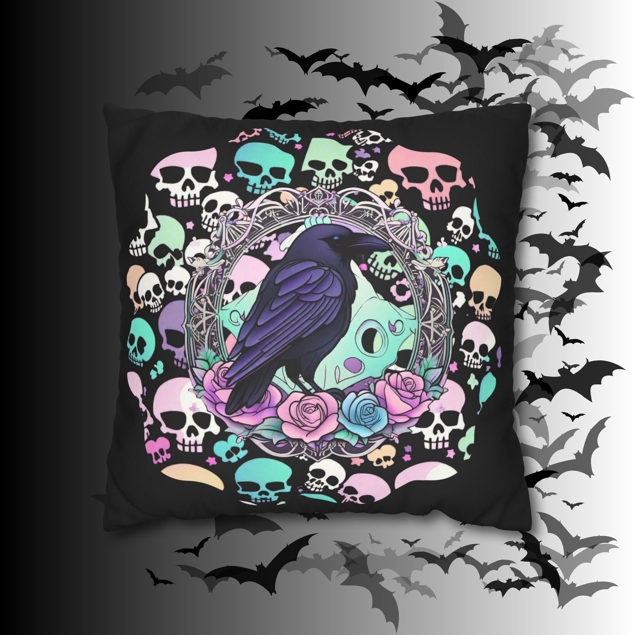 Pastel Goth Raven Skull Throw Pillow — Dark Floral Gothic Home Decor