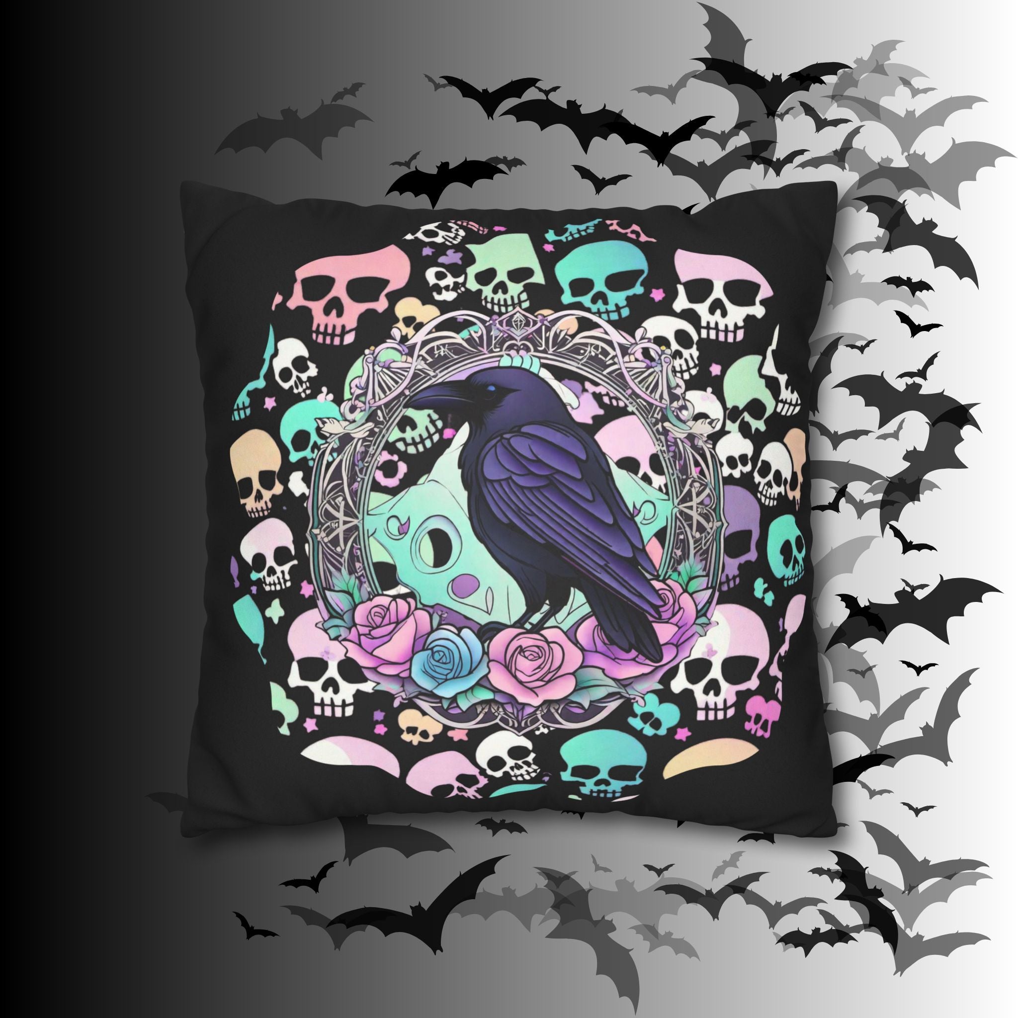 Pastel Goth Raven Skull Throw Pillow — Dark Floral Gothic Home Decor