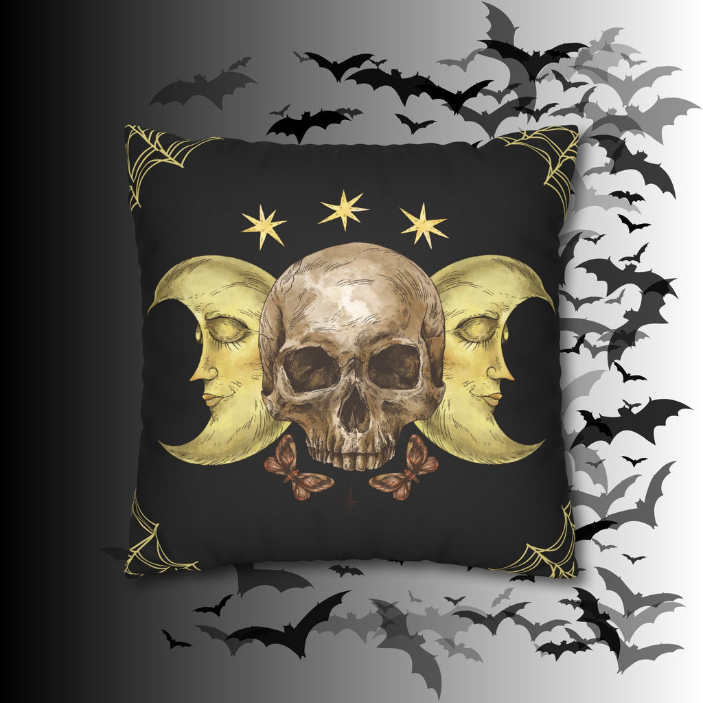 Gothic Moon Skull Throw Pillow — Celestial Dark Home Decor
