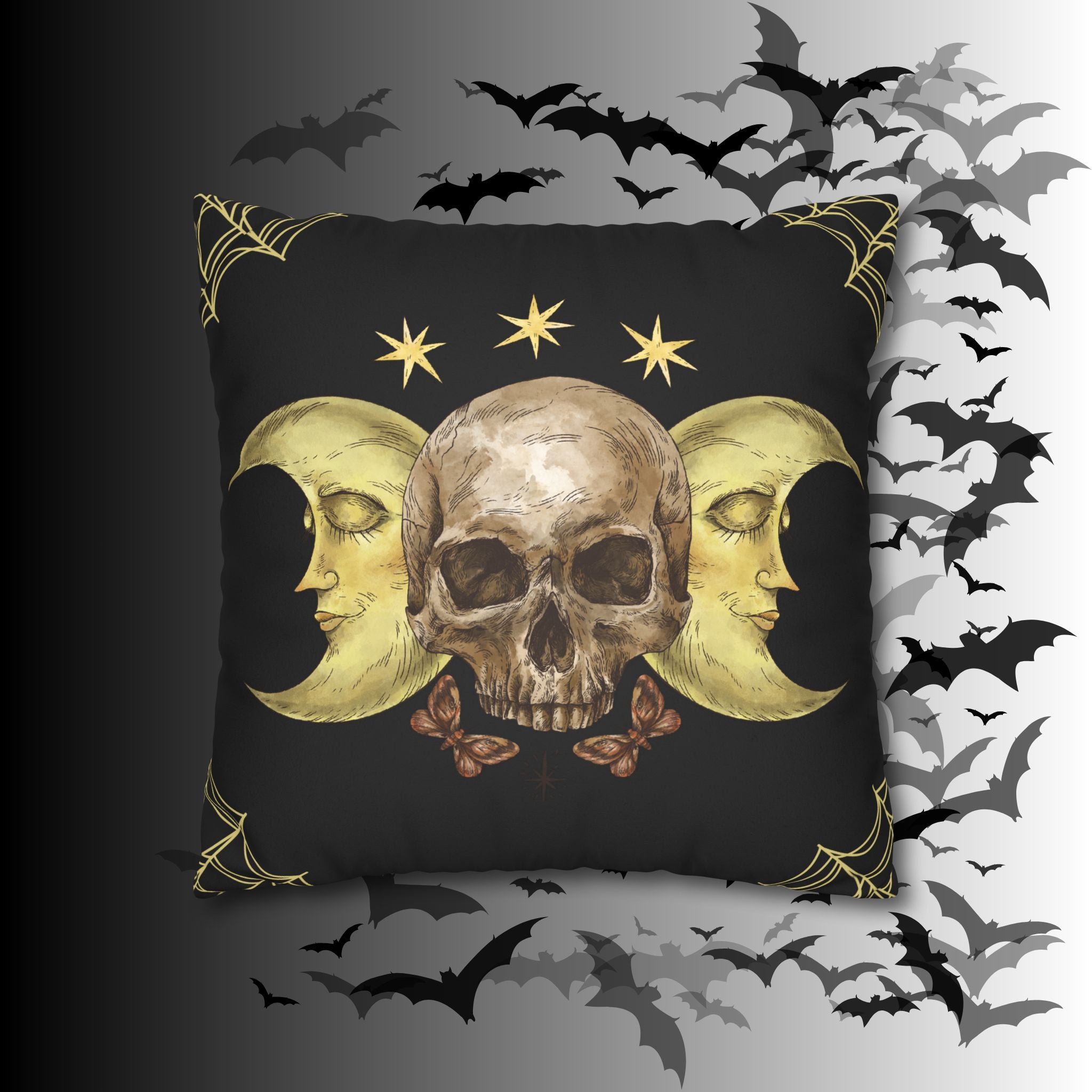 Gothic Moon Skull Throw Pillow — Celestial Dark Home Decor