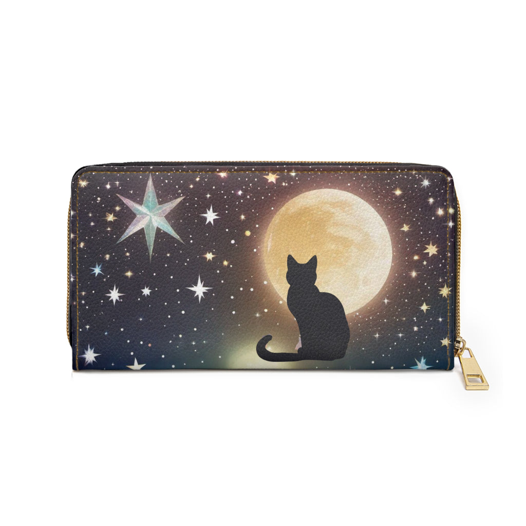 Gothic Black Cat Full Moon Wallet | Celestial Night Sky Faux Leather Zipper Clutch