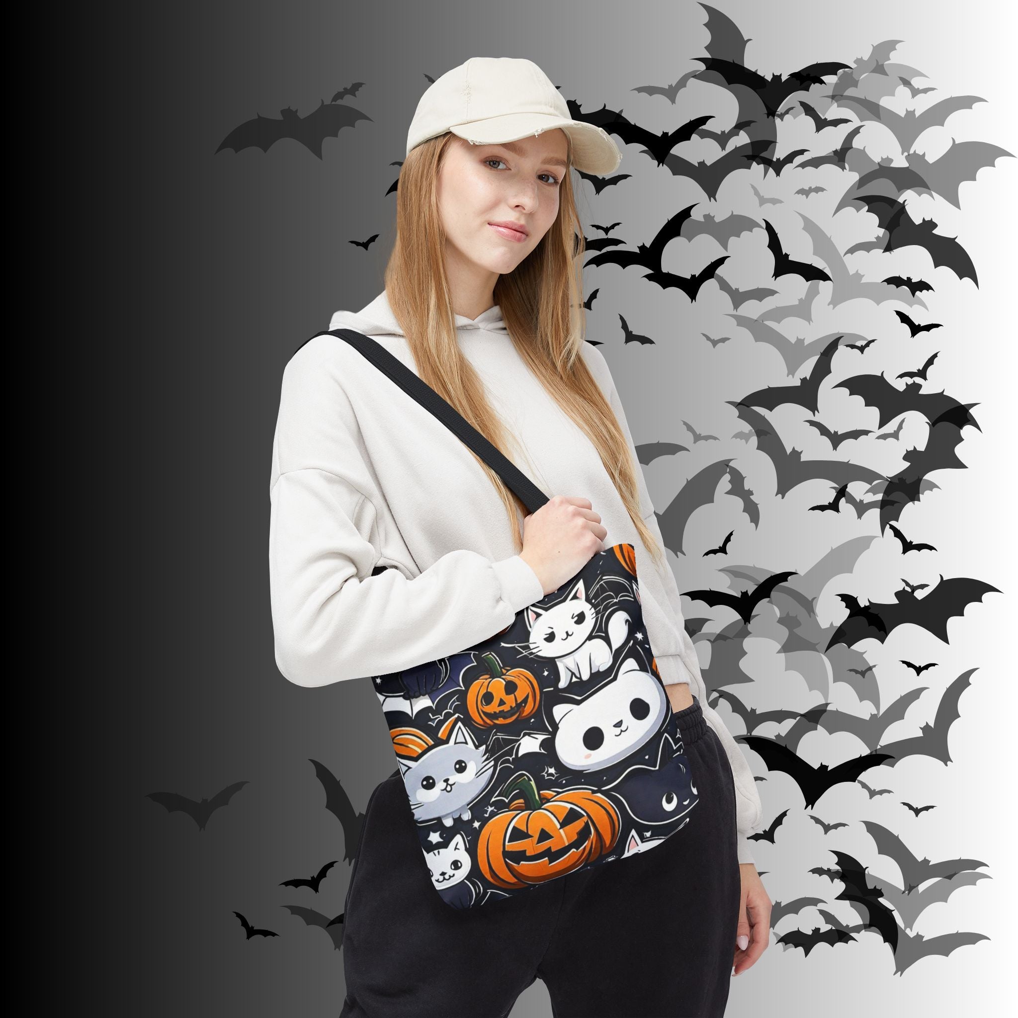 Kawaii Halloween Cat & Pumpkin Tote Bag — Spooky Multi-Cat Pattern