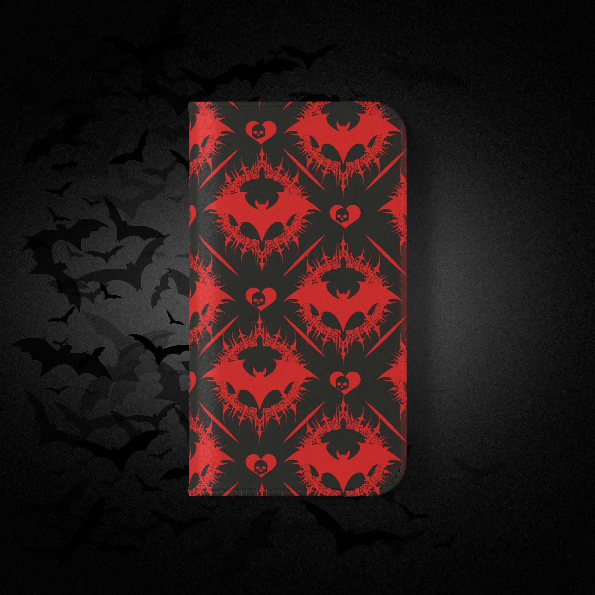 Gothic Bat Wallet Flip Case - Elegant Goth Phone Wallet - Bat Pattern Flip Case - Gothic Phone Case - Stylish Wallet Phone Case