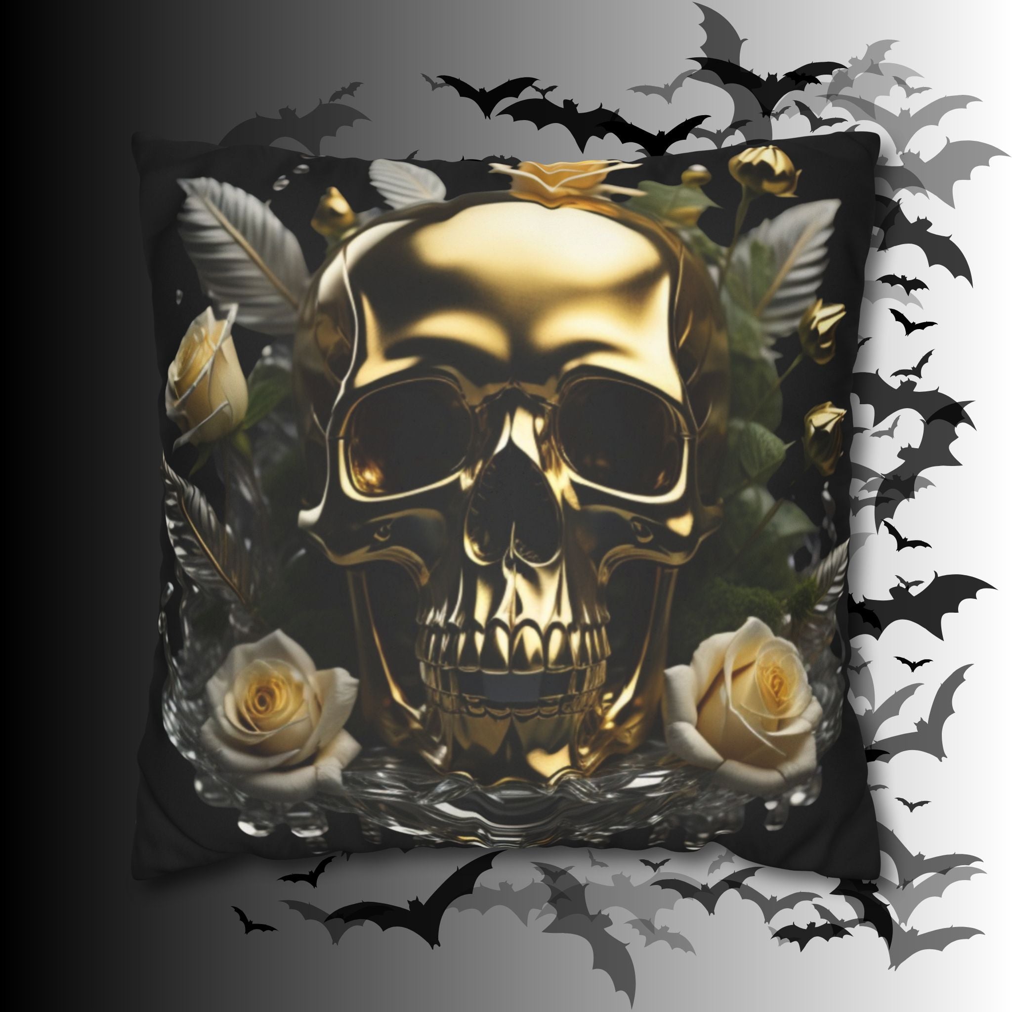 Gold Skull Botanical Throw Pillow — Dark Floral Gothic Home Decor