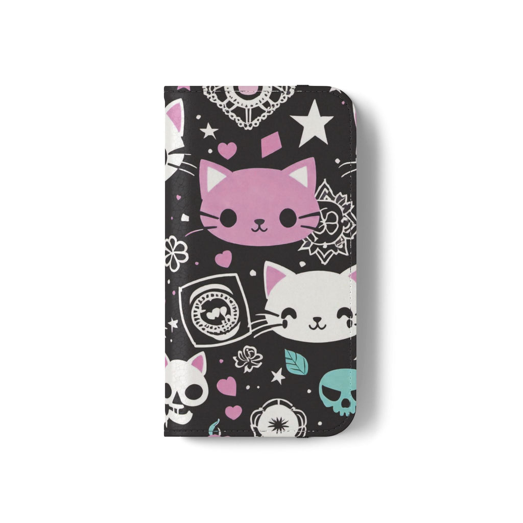 Pastel Goth Cat Flip Wallet Phone Case - Goth Cat Wallet Case for Samsung iPhone - Gothic Style Cats Wallet Phone Cases