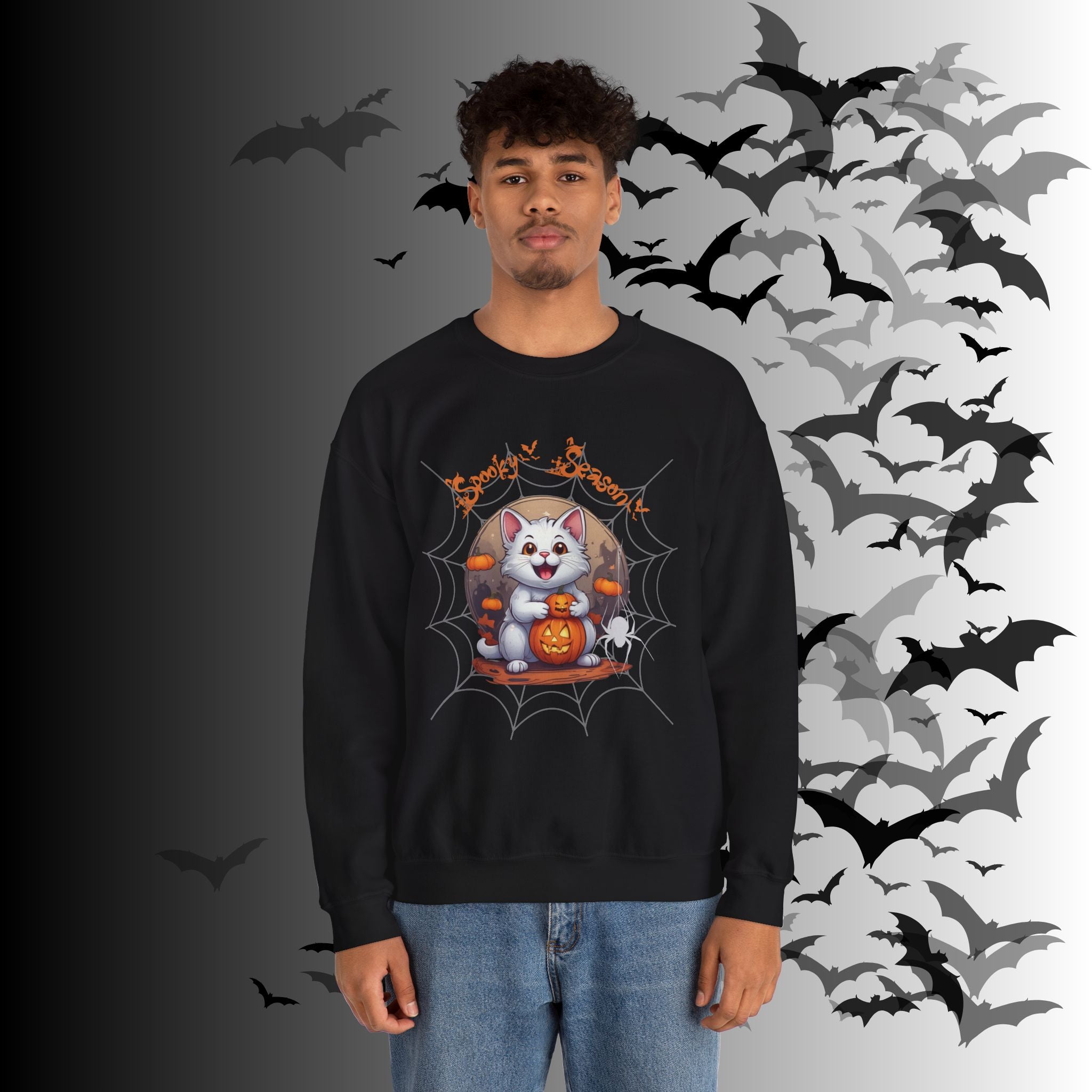 Spooky Season Cat Crewneck Sweatshirt — Kawaii Halloween Pumpkin