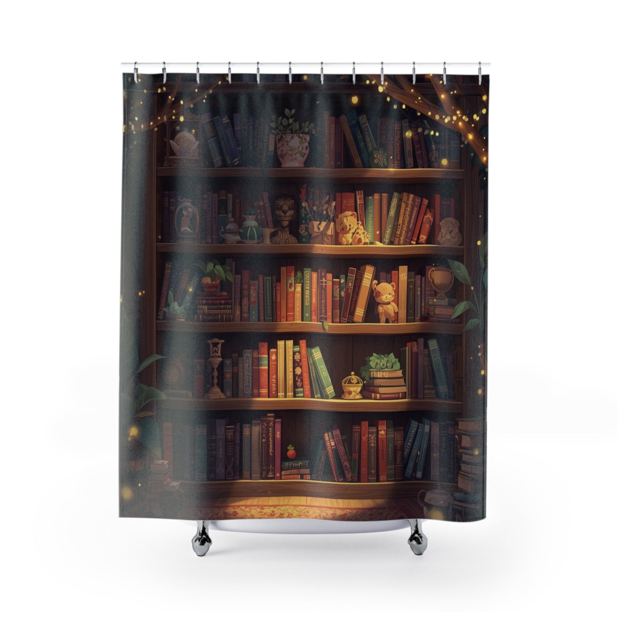 Cottagecore Bookcase Shower Curtain — Cozy Fantasy Book Lover Bathroom Decor