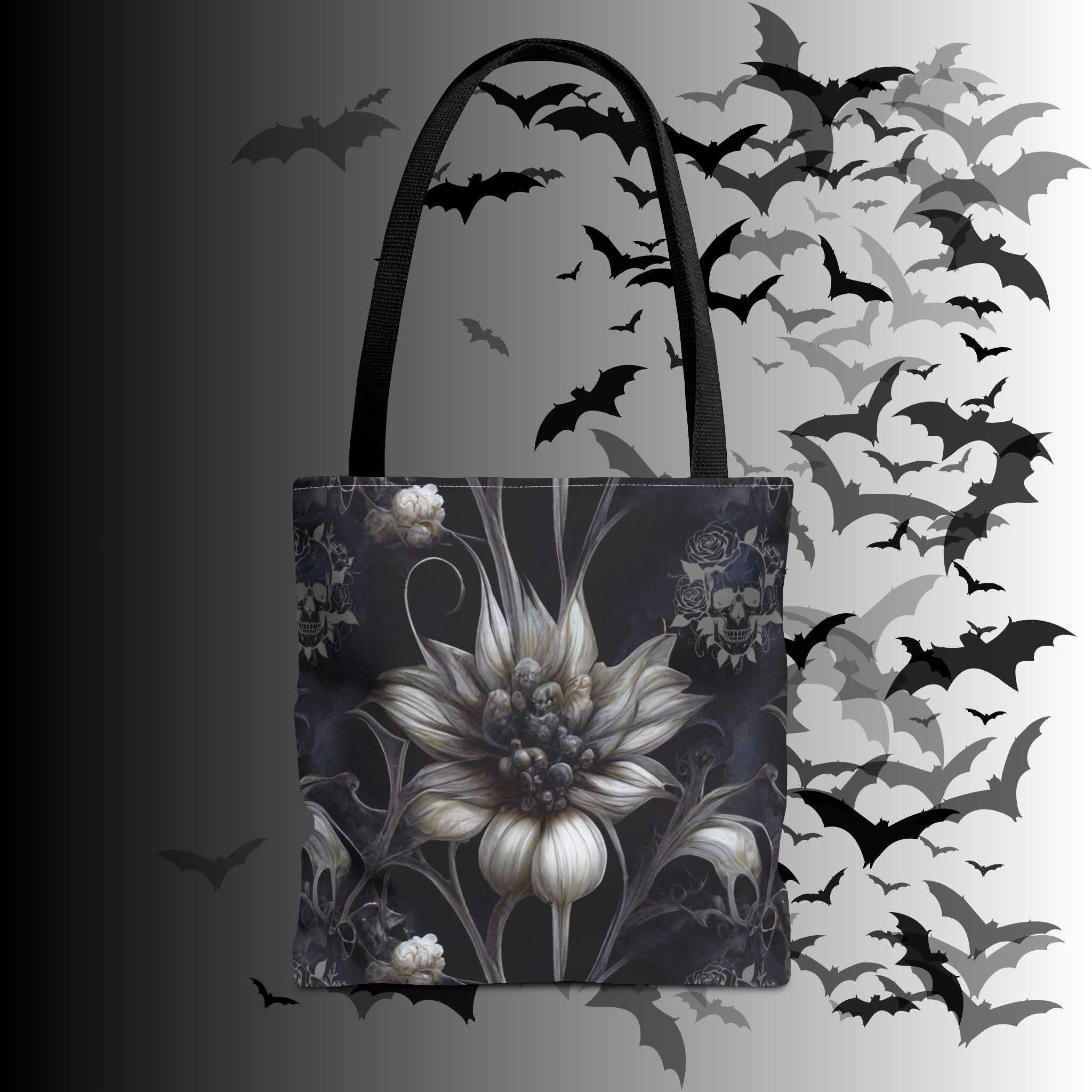 Gothic Botanical Skull Tote Bag — Dark Floral All-Over Print