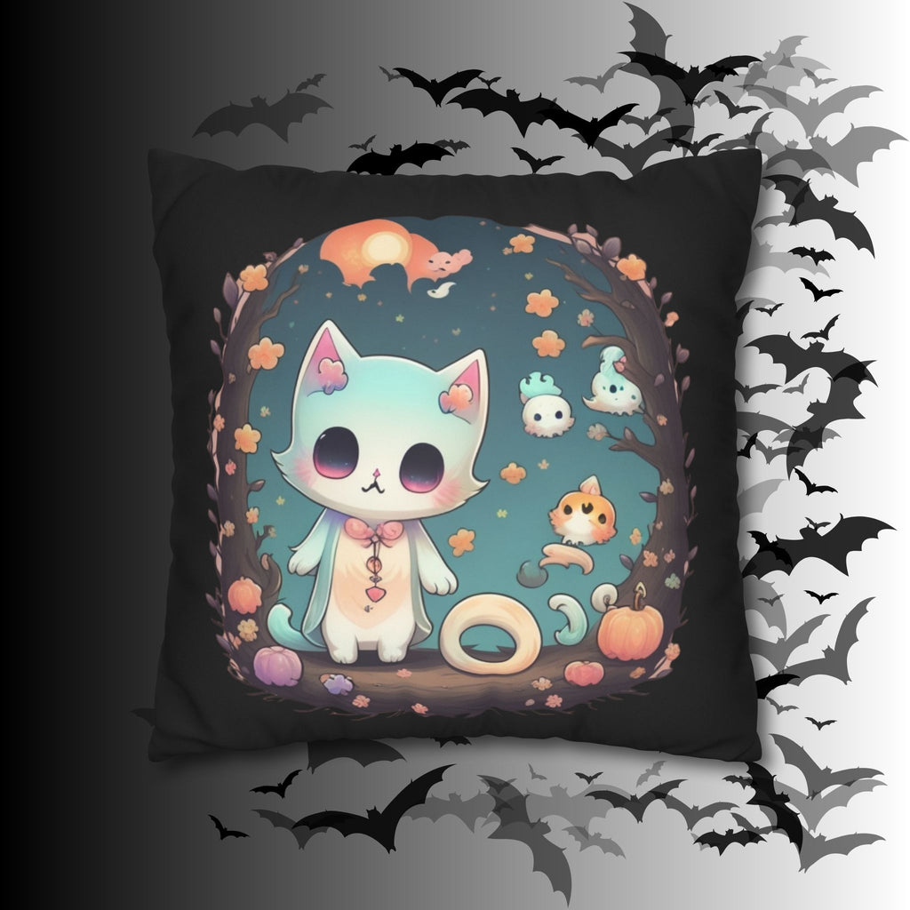 Creepy Cute Pastel Goth Cat Throw Pillow — Kawaii Halloween Dark Home Decor