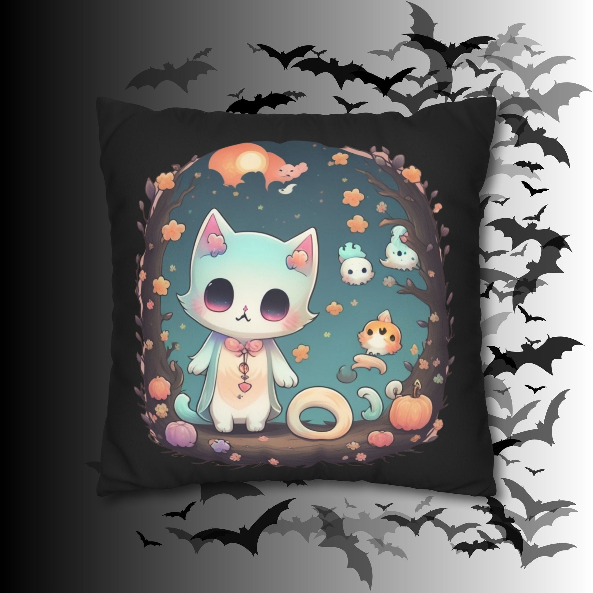 Creepy Cute Pastel Goth Cat Throw Pillow — Kawaii Halloween Dark Home Decor