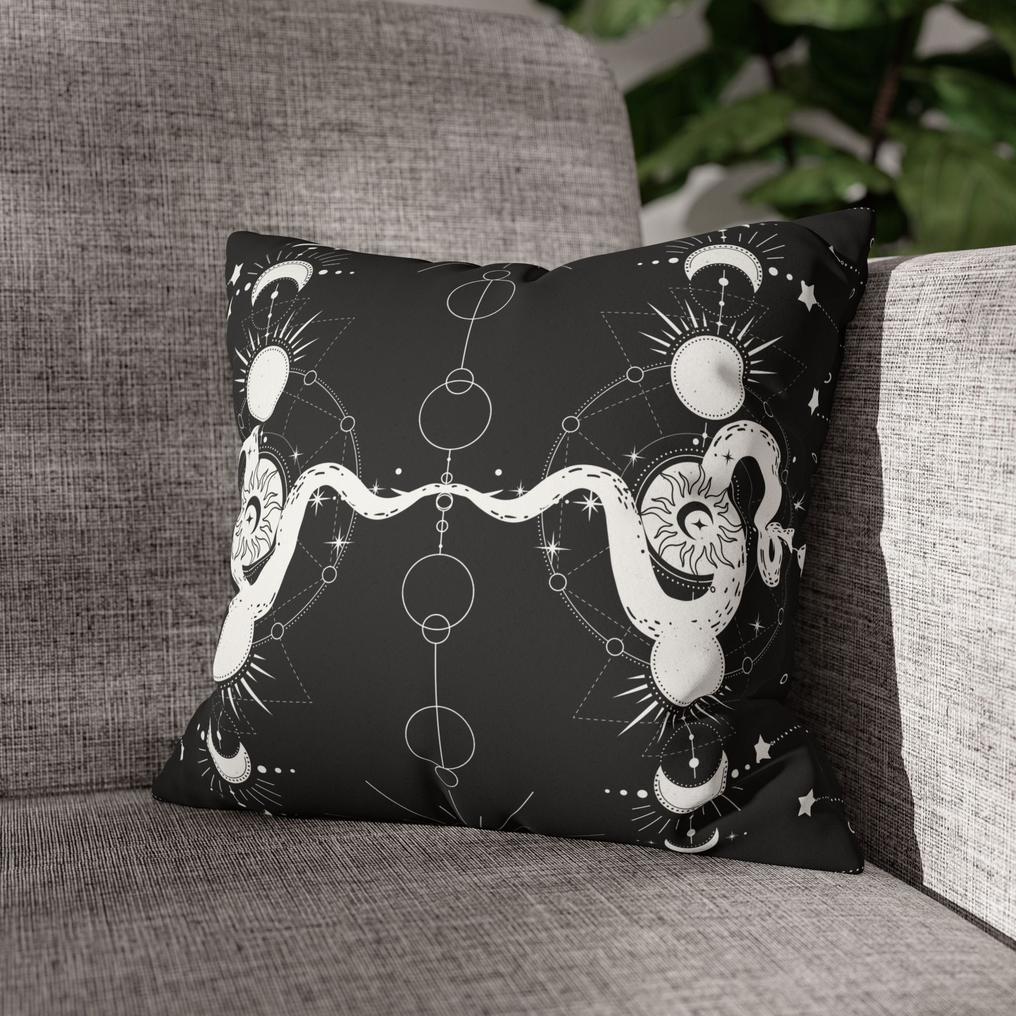 Celestial Snake Moon Phases Throw Pillow — Witchy Gothic Dark Home Decor