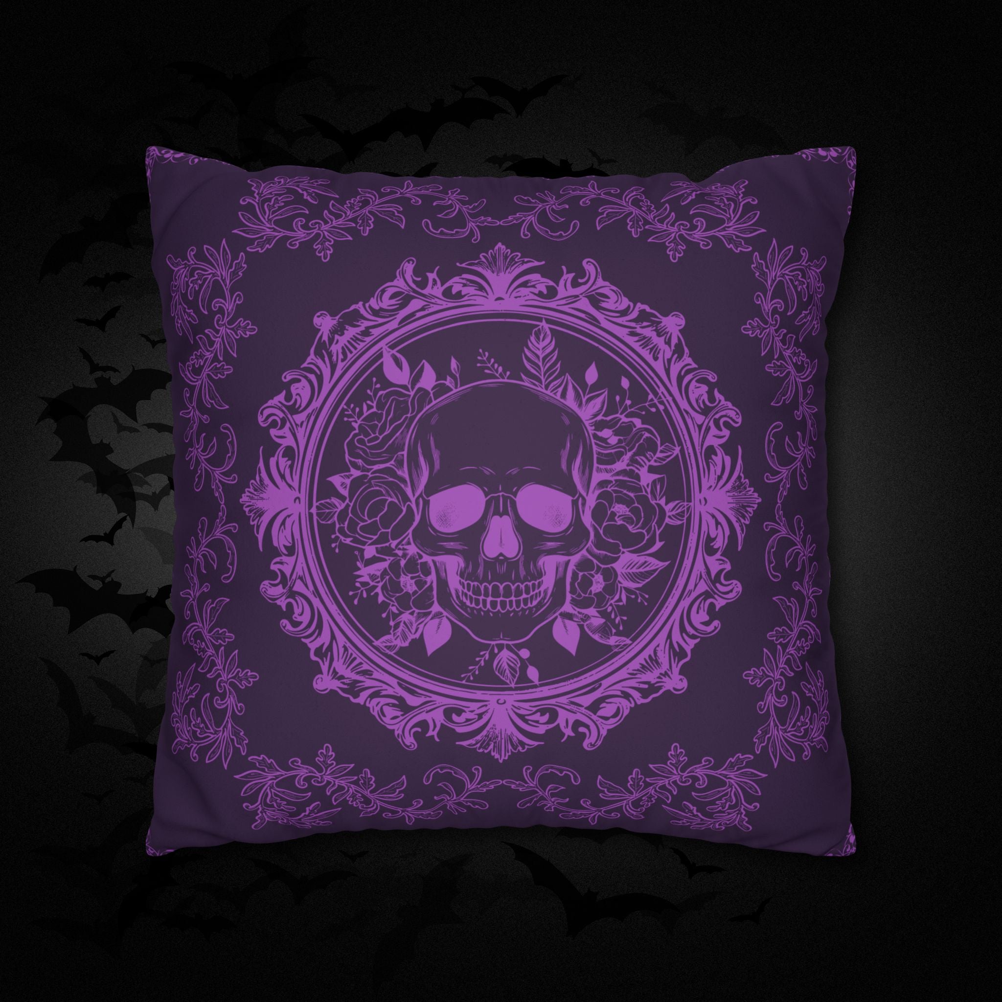Purple Gothic Floral Skull Throw Pillow — Baroque Botanical Dark Home Decor
