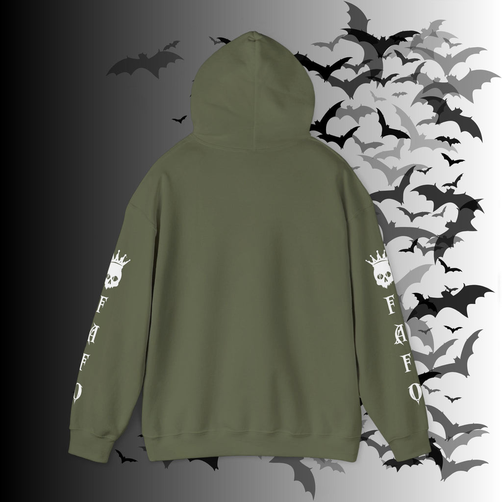 I Identify As a Threat Hoodie — Gothic Skull Sleeve Print FAFO Black