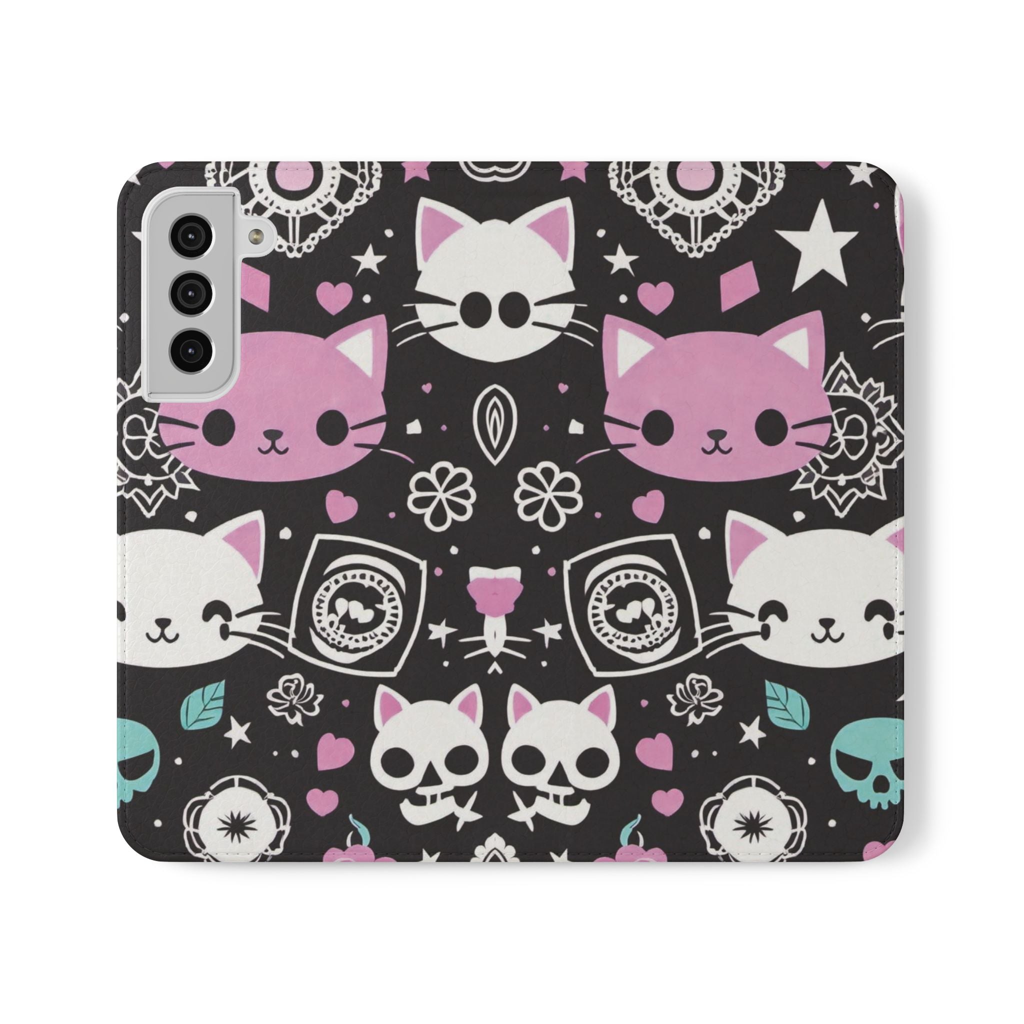 Pastel Goth Cat Flip Wallet Phone Case - Goth Cat Wallet Case for Samsung iPhone - Gothic Style Cats Wallet Phone Cases