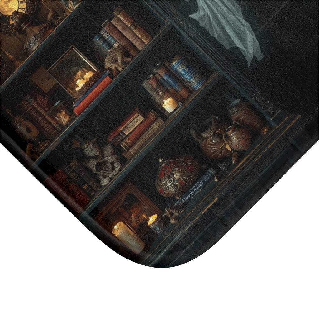 Whimsigoth Ghost Bookcase Bath Mat — Dark Academia Gothic Library Bathroom Decor