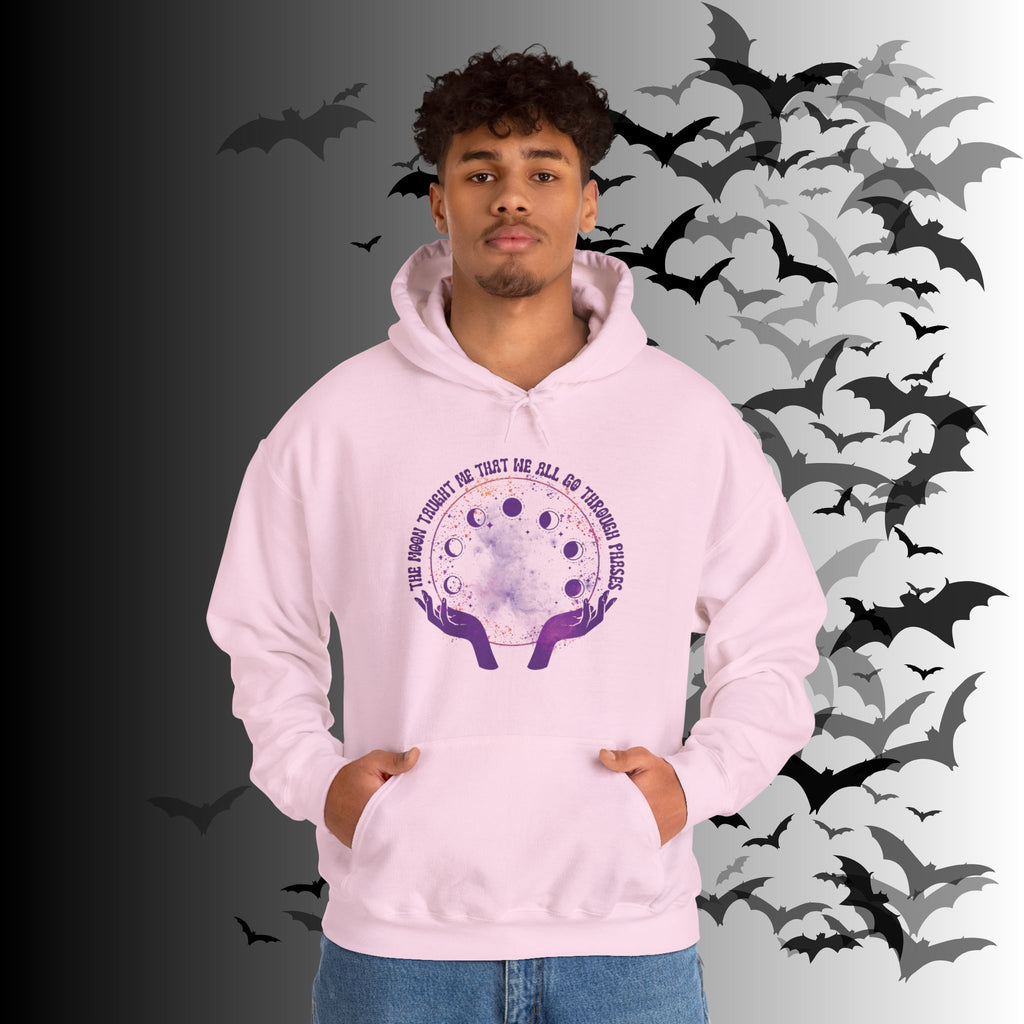 The Moon Taught Me We All Go Through Phases Hoodie — Witchy Moon Phase Pullover