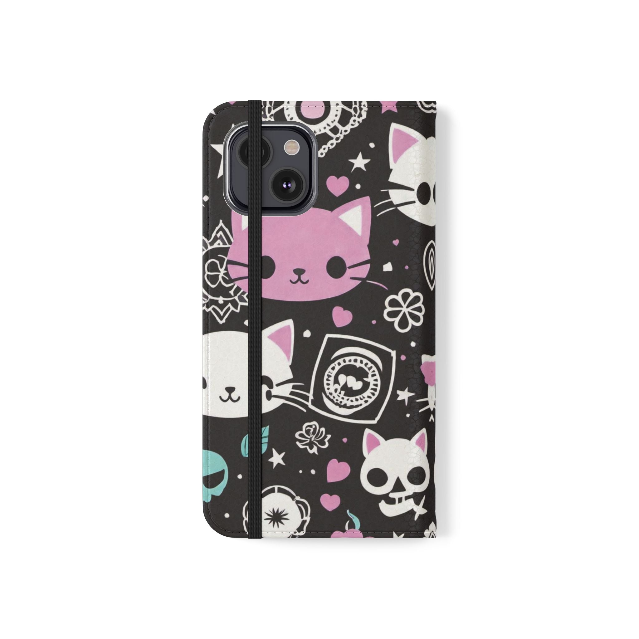 Pastel Goth Cat Flip Wallet Phone Case - Goth Cat Wallet Case for Samsung iPhone - Gothic Style Cats Wallet Phone Cases