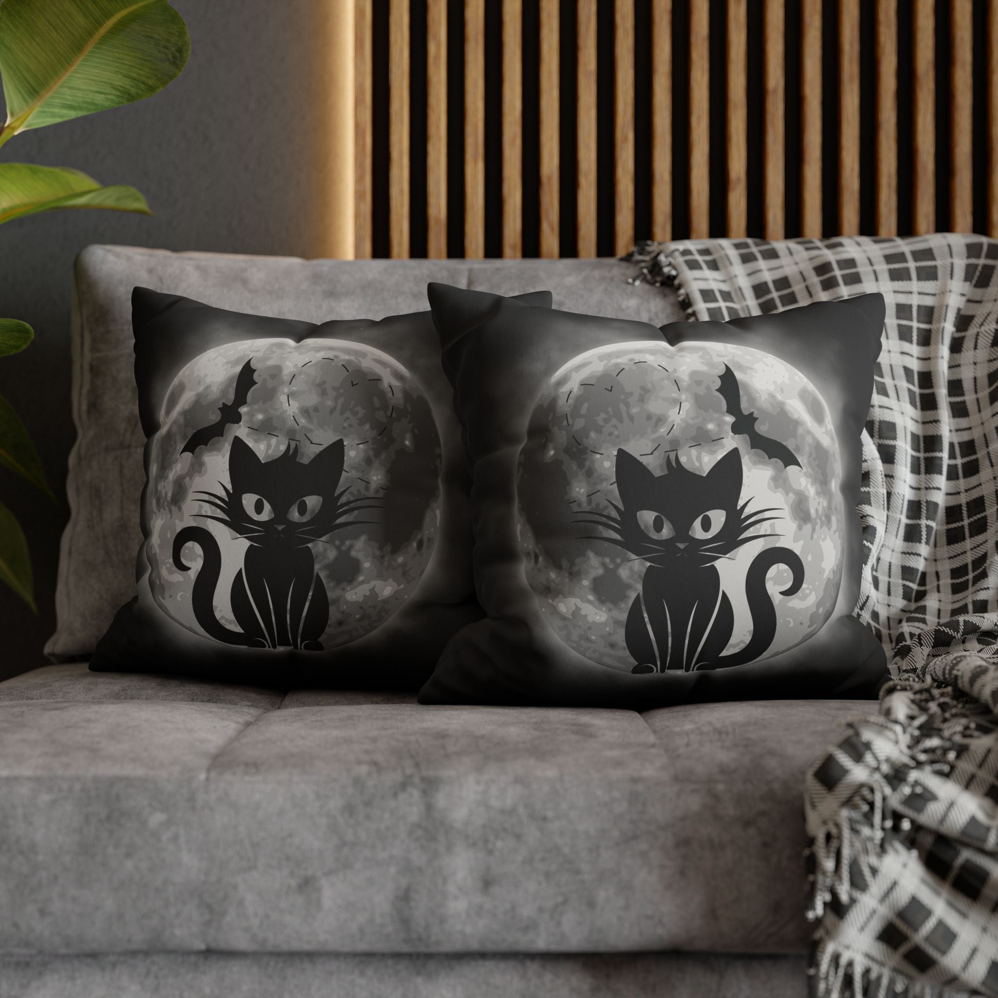Gothic Black Cat Full Moon Throw Pillow — Bat Dark Home Decor