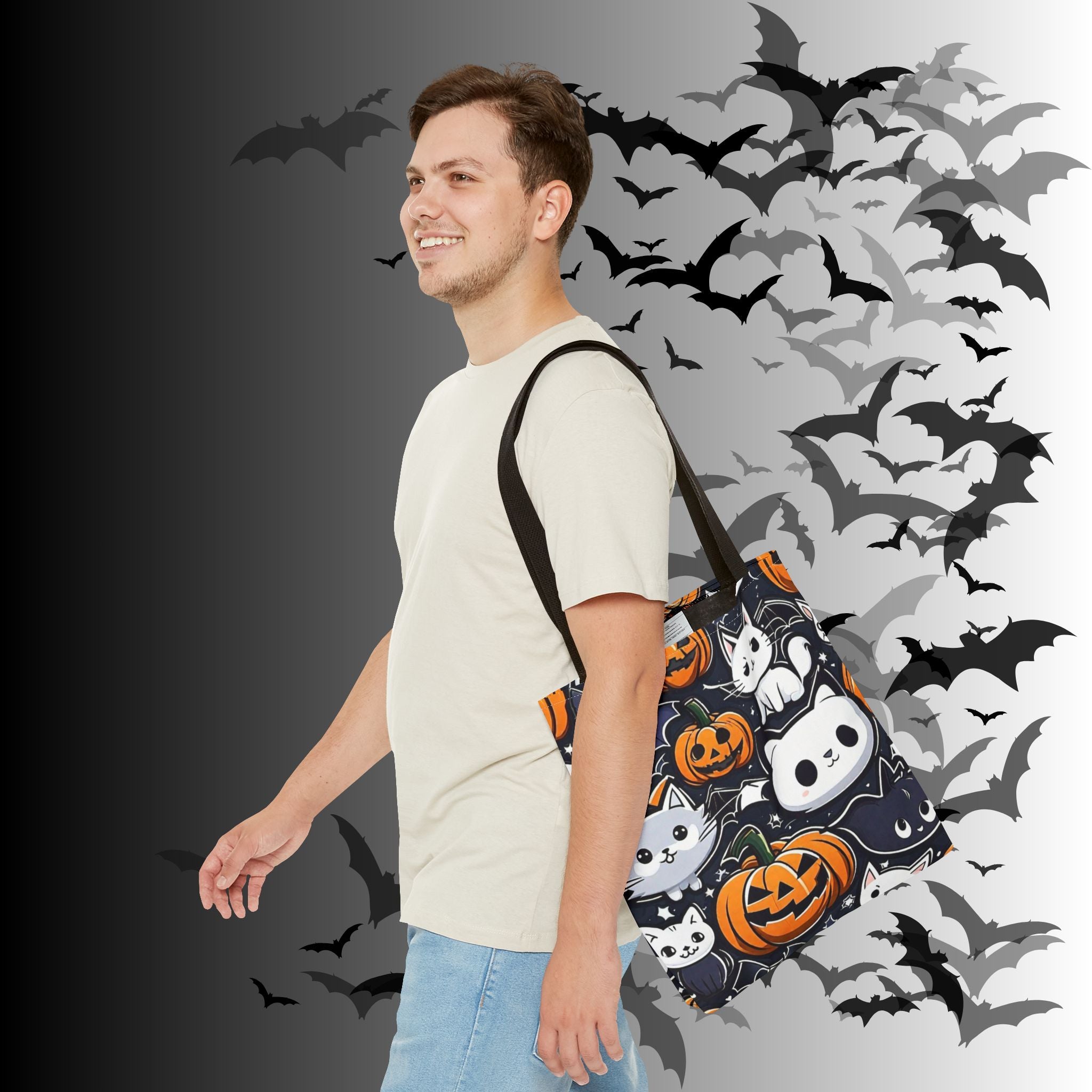 Kawaii Halloween Cat & Pumpkin Tote Bag — Spooky Multi-Cat Pattern
