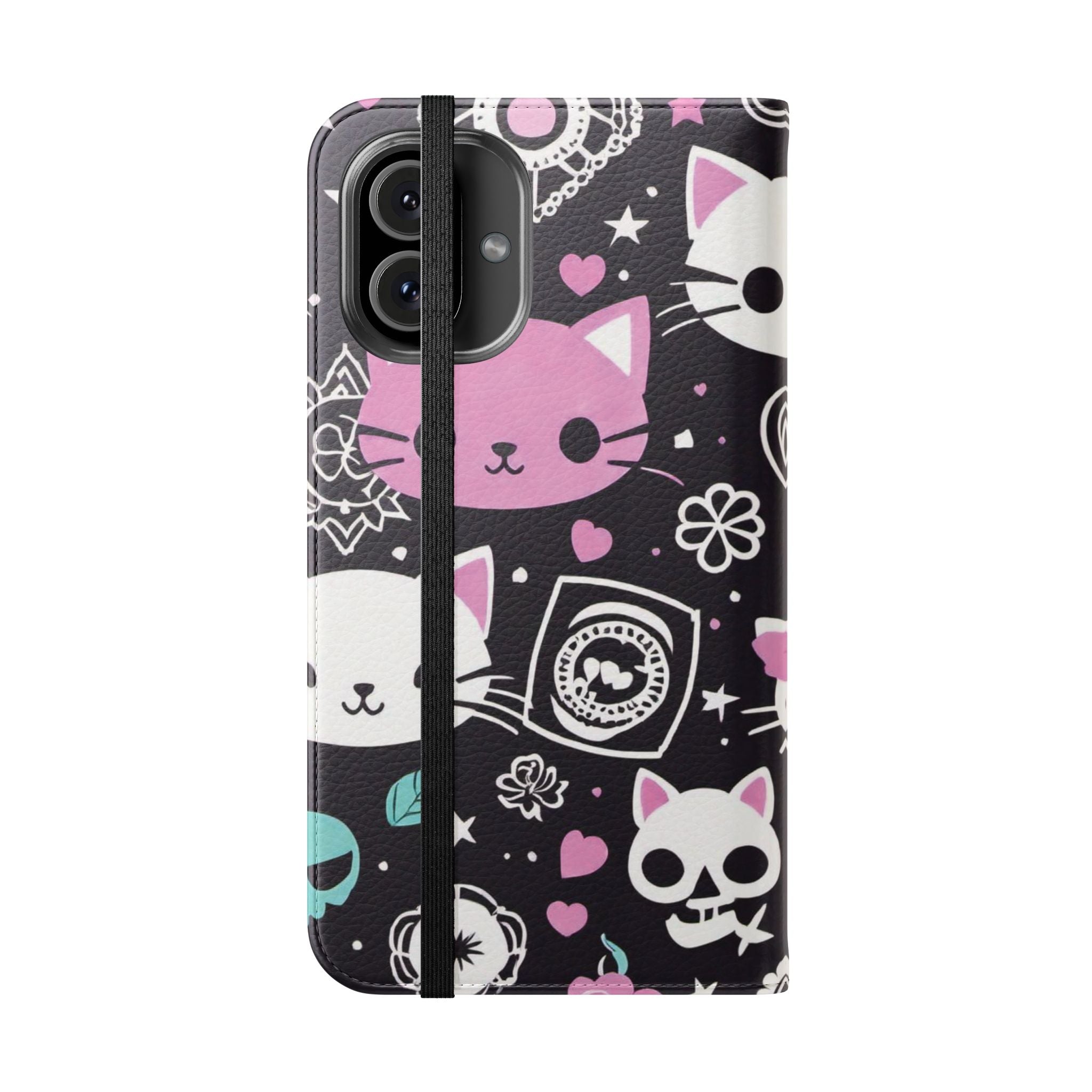 Pastel Goth Cat Flip Wallet Phone Case - Goth Cat Wallet Case for Samsung iPhone - Gothic Style Cats Wallet Phone Cases