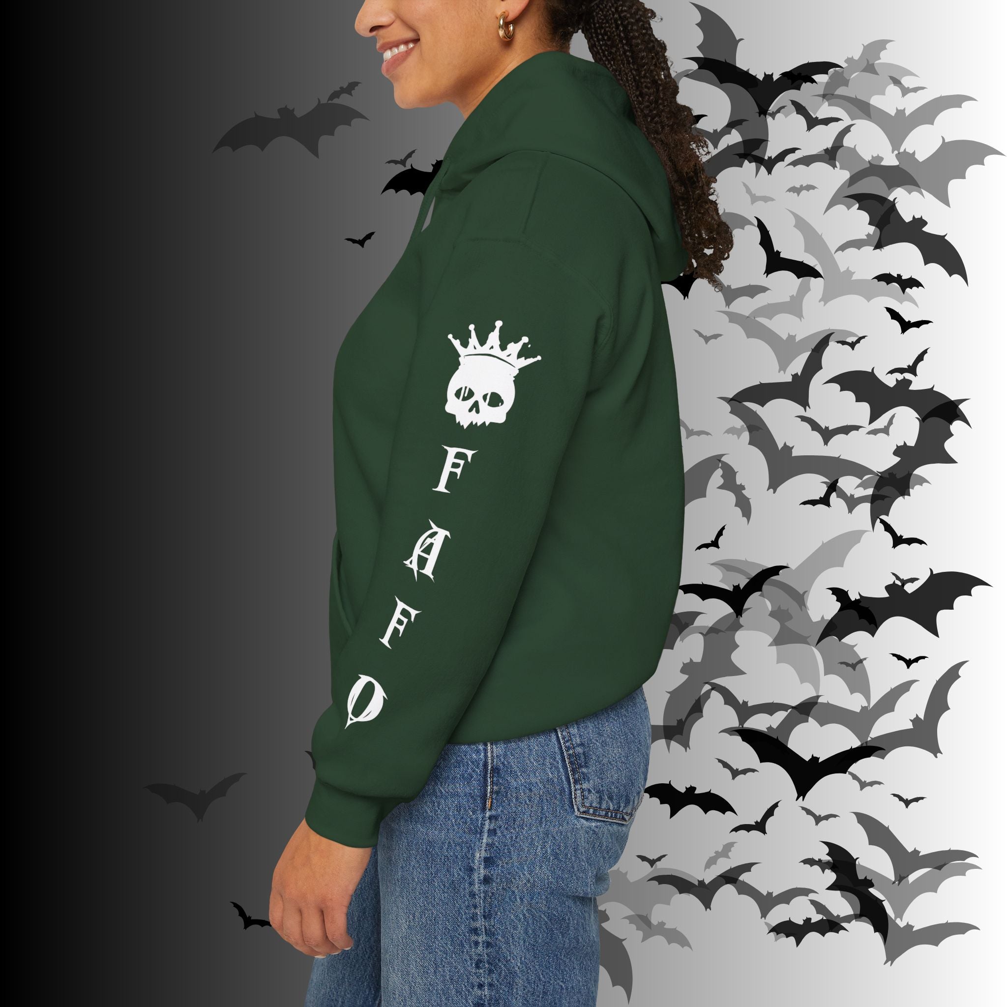 I Identify As a Threat Hoodie — Gothic Skull Sleeve Print FAFO Black