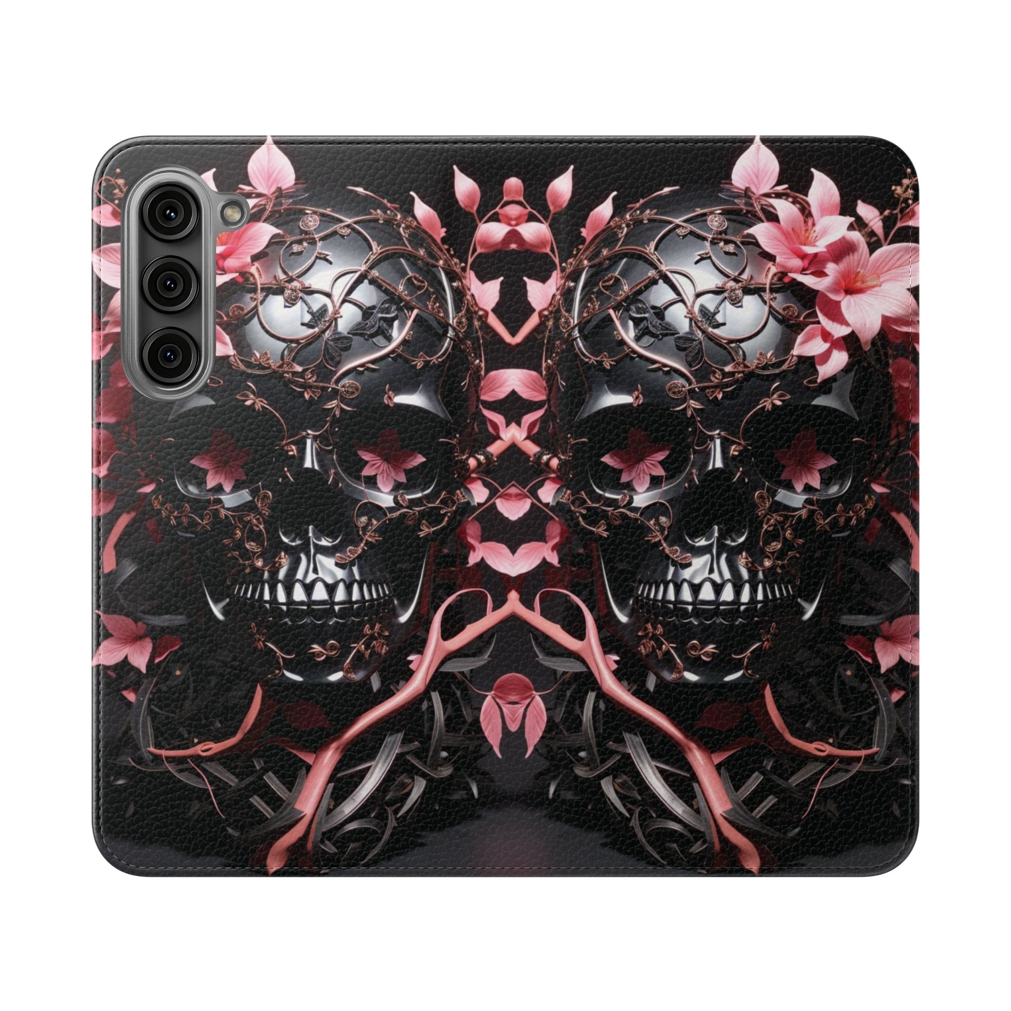 Pink Pastel Goth Skull Flip Wallet Phone Case - Skull Wallet Case for Samsung iPhone - Gothic Style Skull Wallet Phone Cases