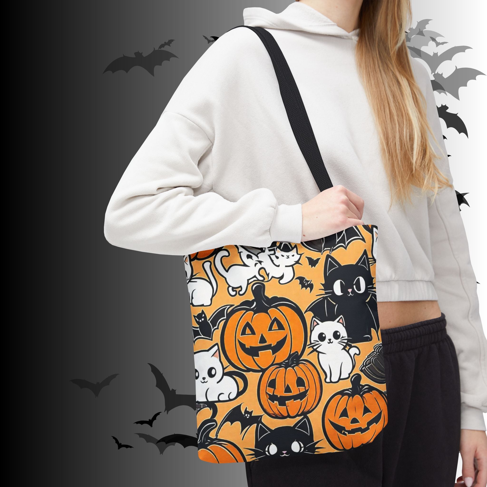 Kawaii Halloween Cat & Pumpkin Tote Bag — Spooky Cute Pattern