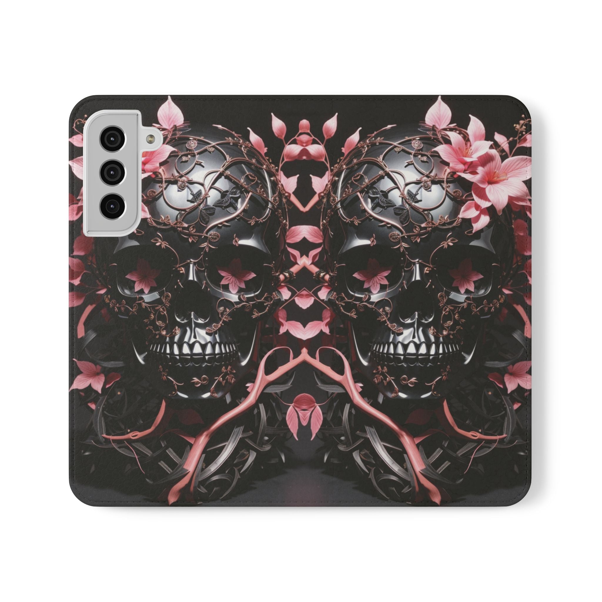 Pink Pastel Goth Skull Flip Wallet Phone Case - Skull Wallet Case for Samsung iPhone - Gothic Style Skull Wallet Phone Cases