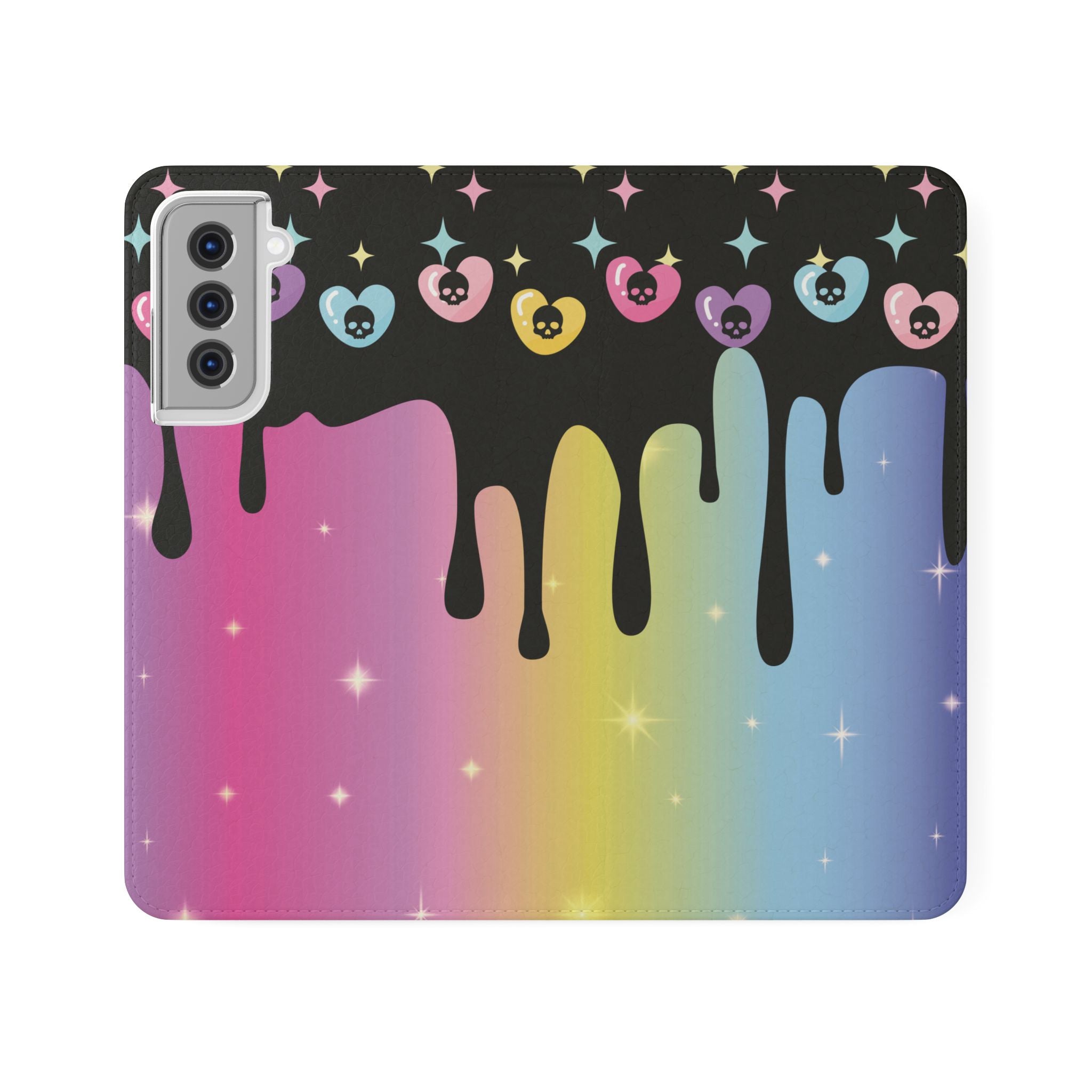 Pastel Goth Drippy Rainbow Skulls Flip Wallet Phone Case - Wallet Case for Samsung and iPhone - Gothic Style Wallet Phone Cases