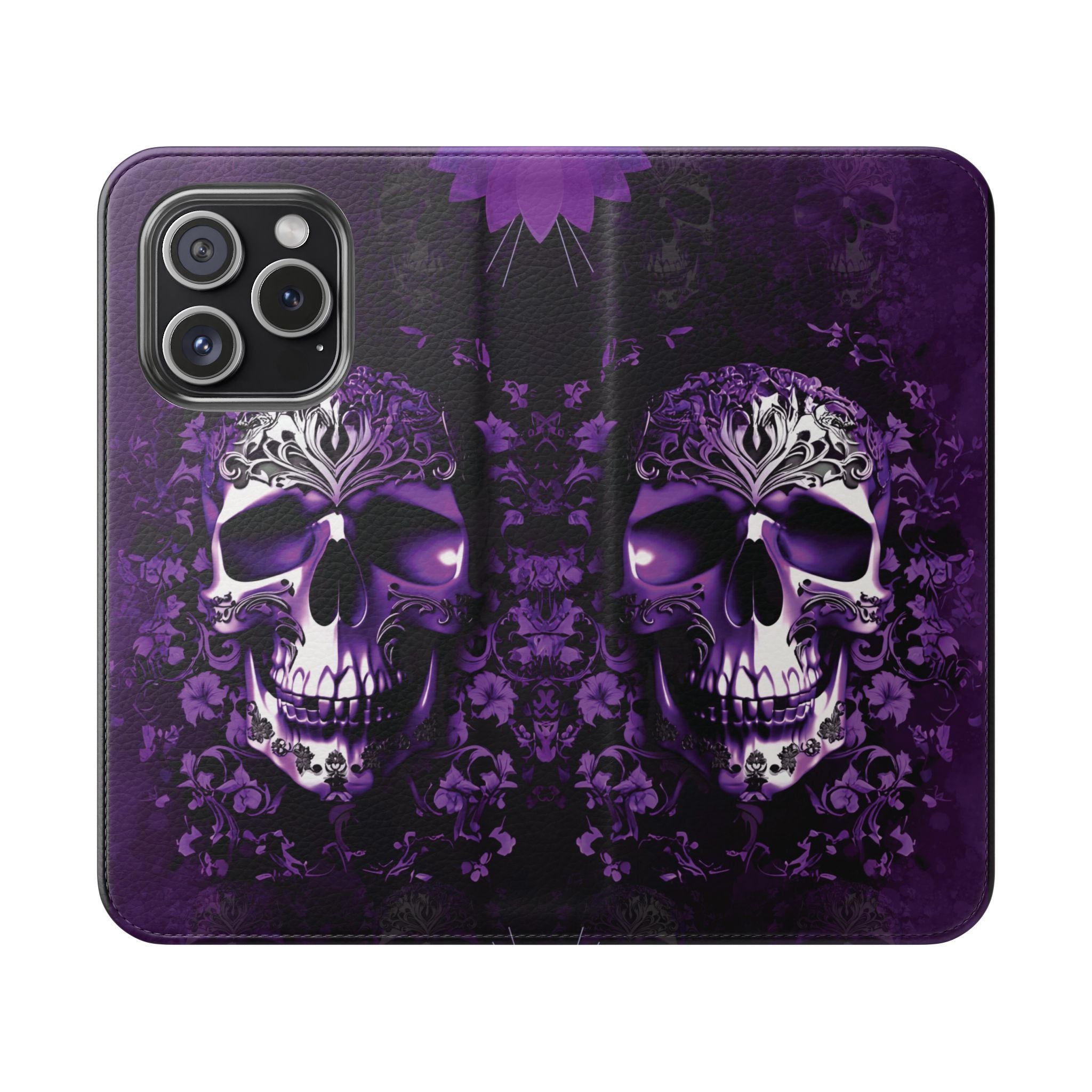 Purple Pastel Goth Skull Flip Wallet Phone Case - Skull Wallet Case for Samsung iPhone - Gothic Style Skull Wallet Phone Cases
