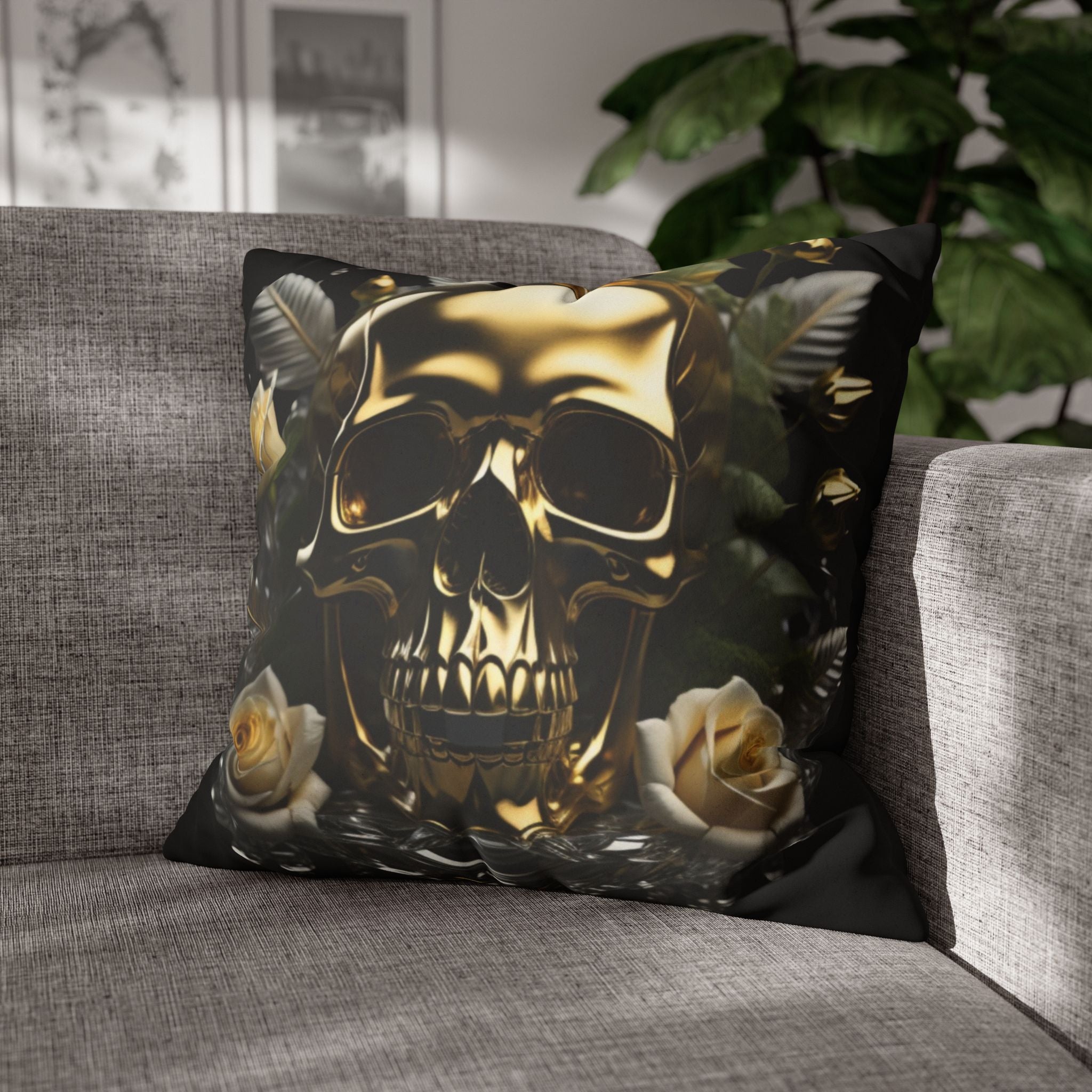 Gold Skull Botanical Throw Pillow — Dark Floral Gothic Home Decor