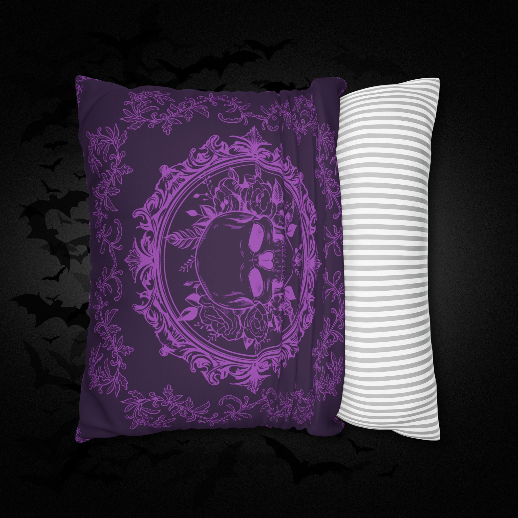 Purple Gothic Floral Skull Throw Pillow — Baroque Botanical Dark Home Decor