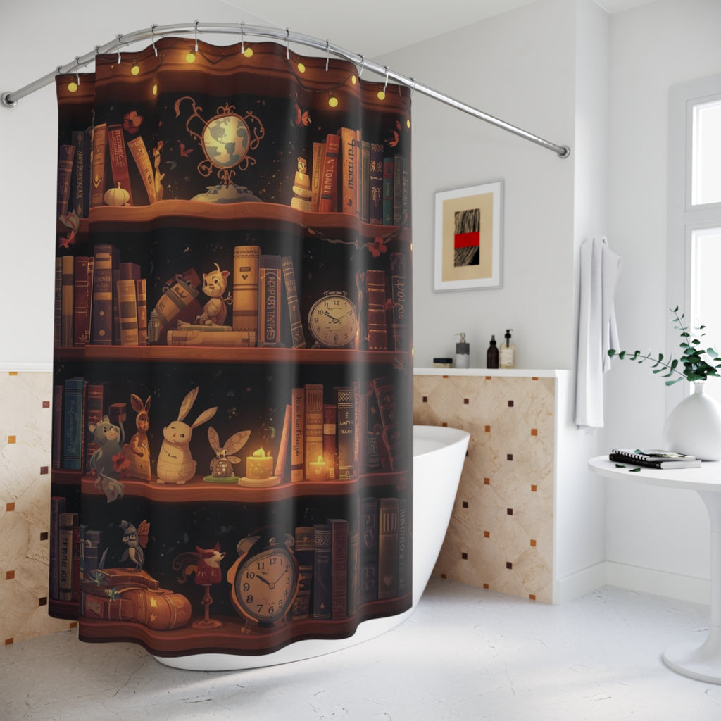 Whimsical Rabbit Bookcase Shower Curtain — Cozy Fantasy Library Bathroom Decor