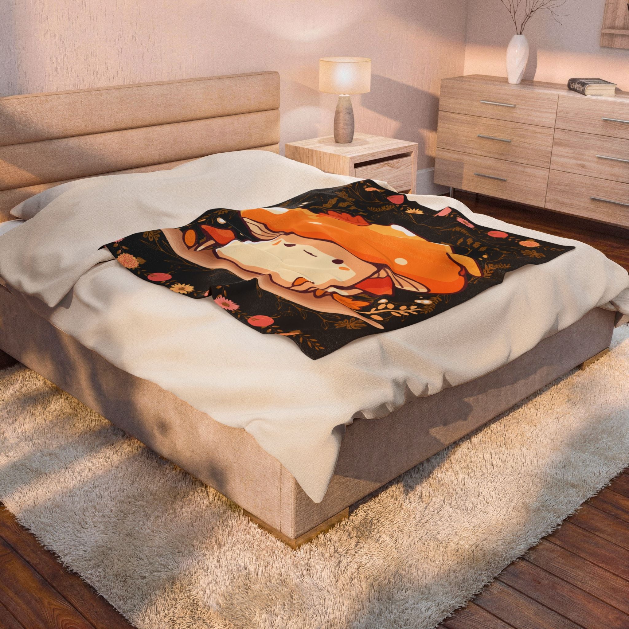 Dark Cottagecore Kawaii Mushroom Throw Blanket — Cozy Autumn Home Decor