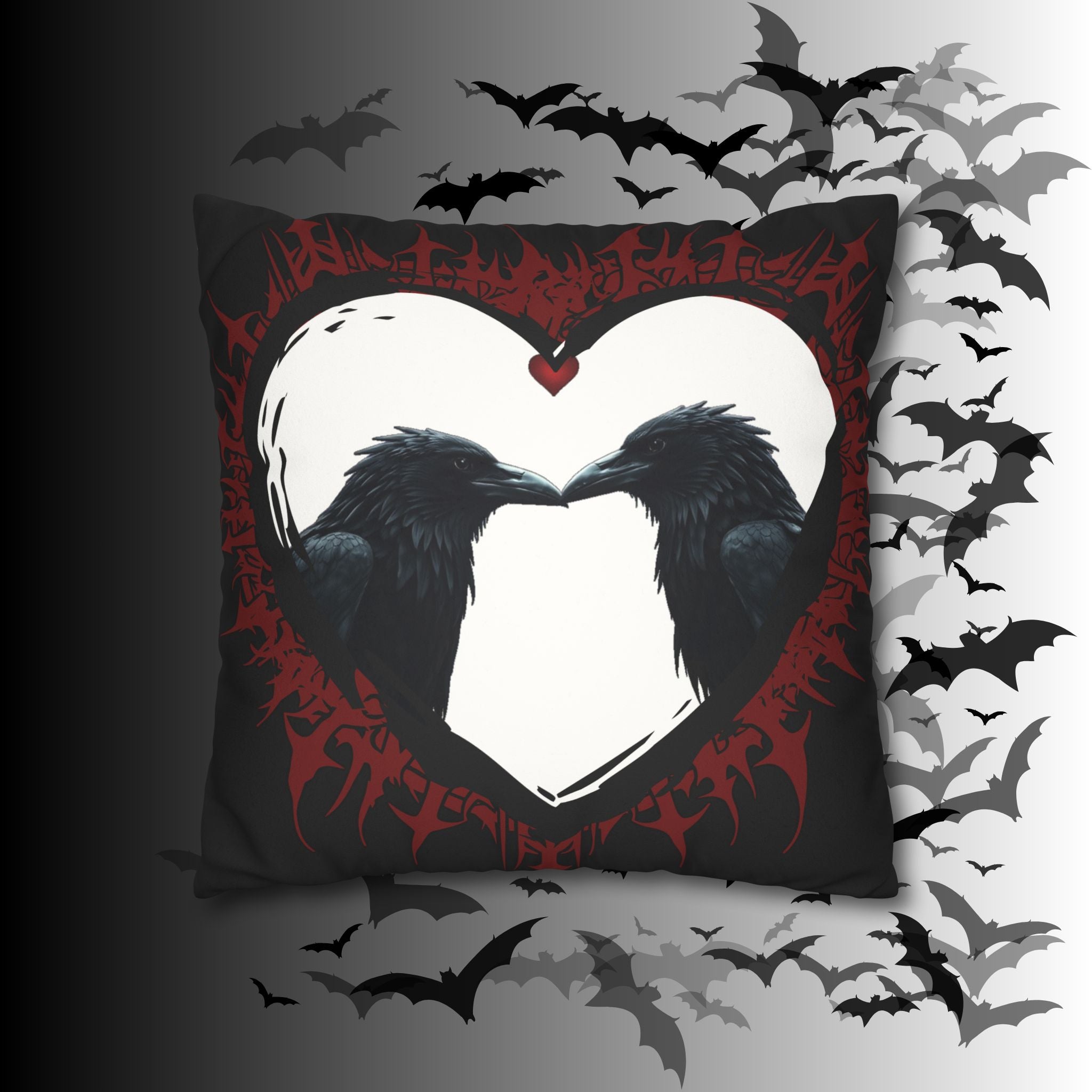 Gothic Ravens Love Heart Throw Pillow — Dark Valentine Gothic Home Decor