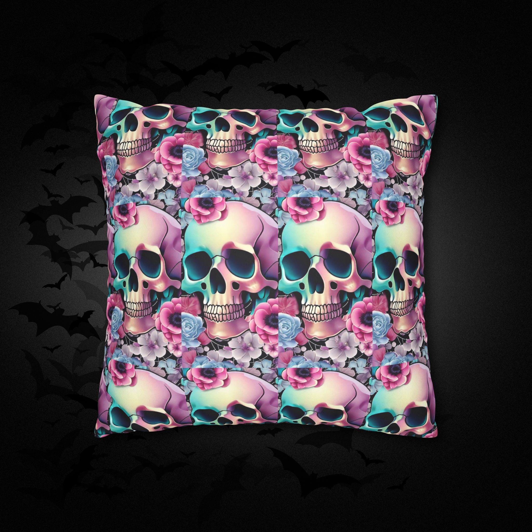 Pastel Goth Floral Skull Throw Pillow — Dark Floral Emo Home Decor