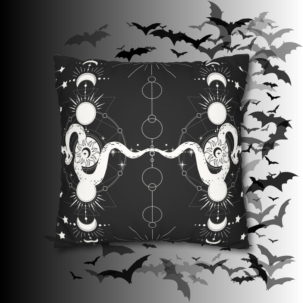 Celestial Snake Moon Phases Throw Pillow — Witchy Gothic Dark Home Decor