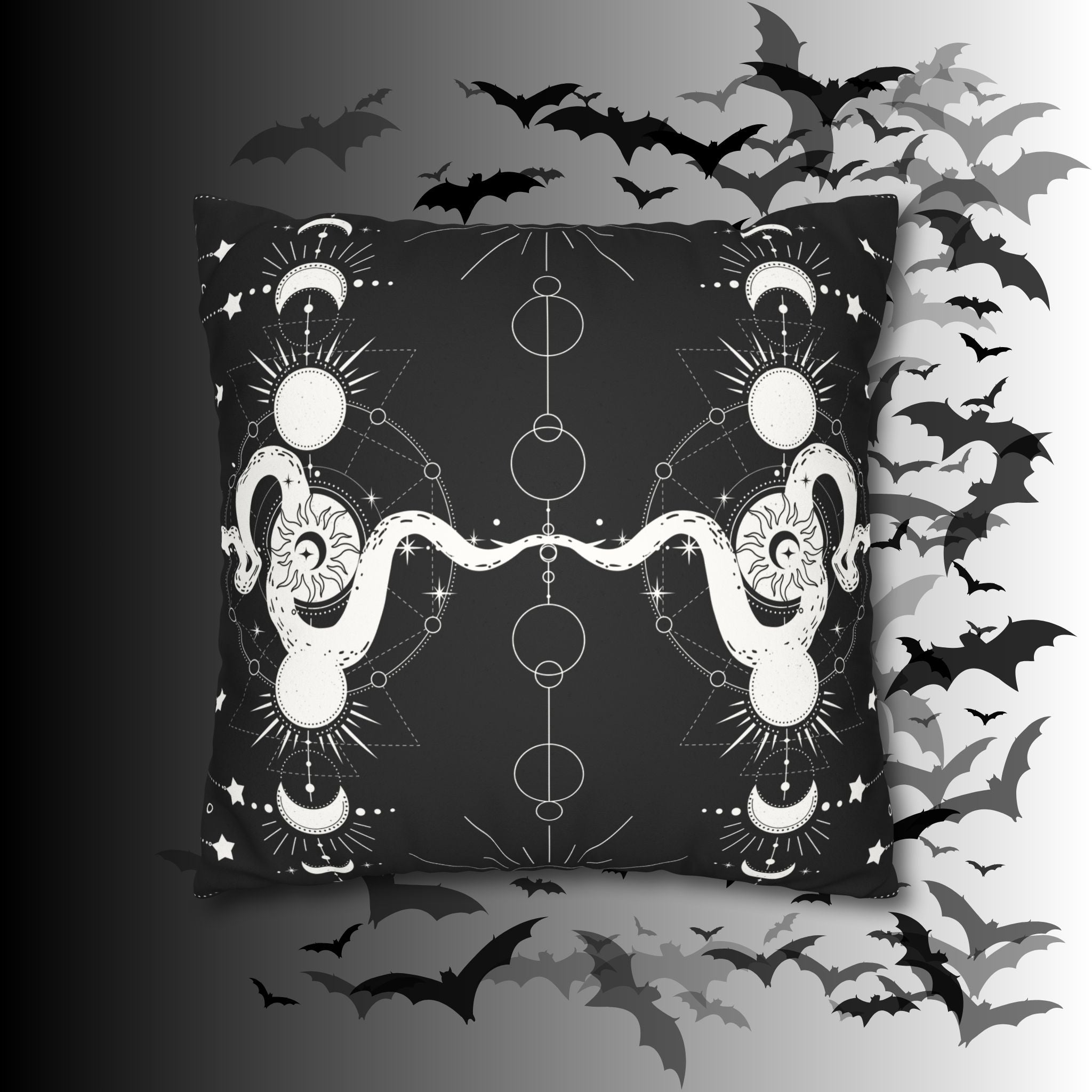 Celestial Snake Moon Phases Throw Pillow — Witchy Gothic Dark Home Decor