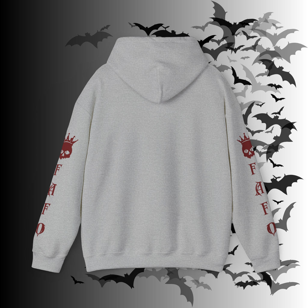 I Identify As a Threat Hoodie — Gothic Skull Sleeve Print Fuck Around Find Out