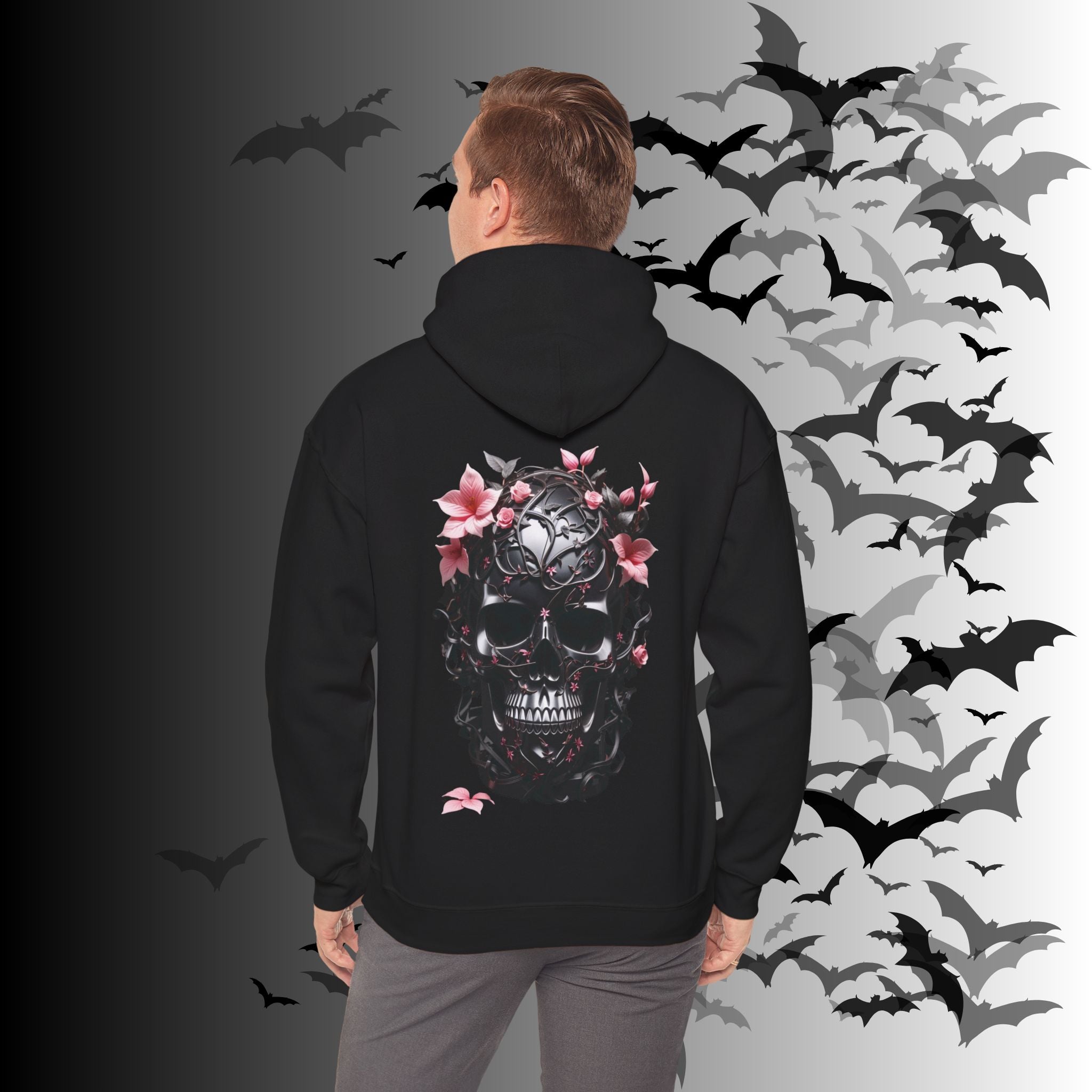 Gothic Floral Skull Hoodie — Black Ornate Skull Pink Flower Back Print Pullover